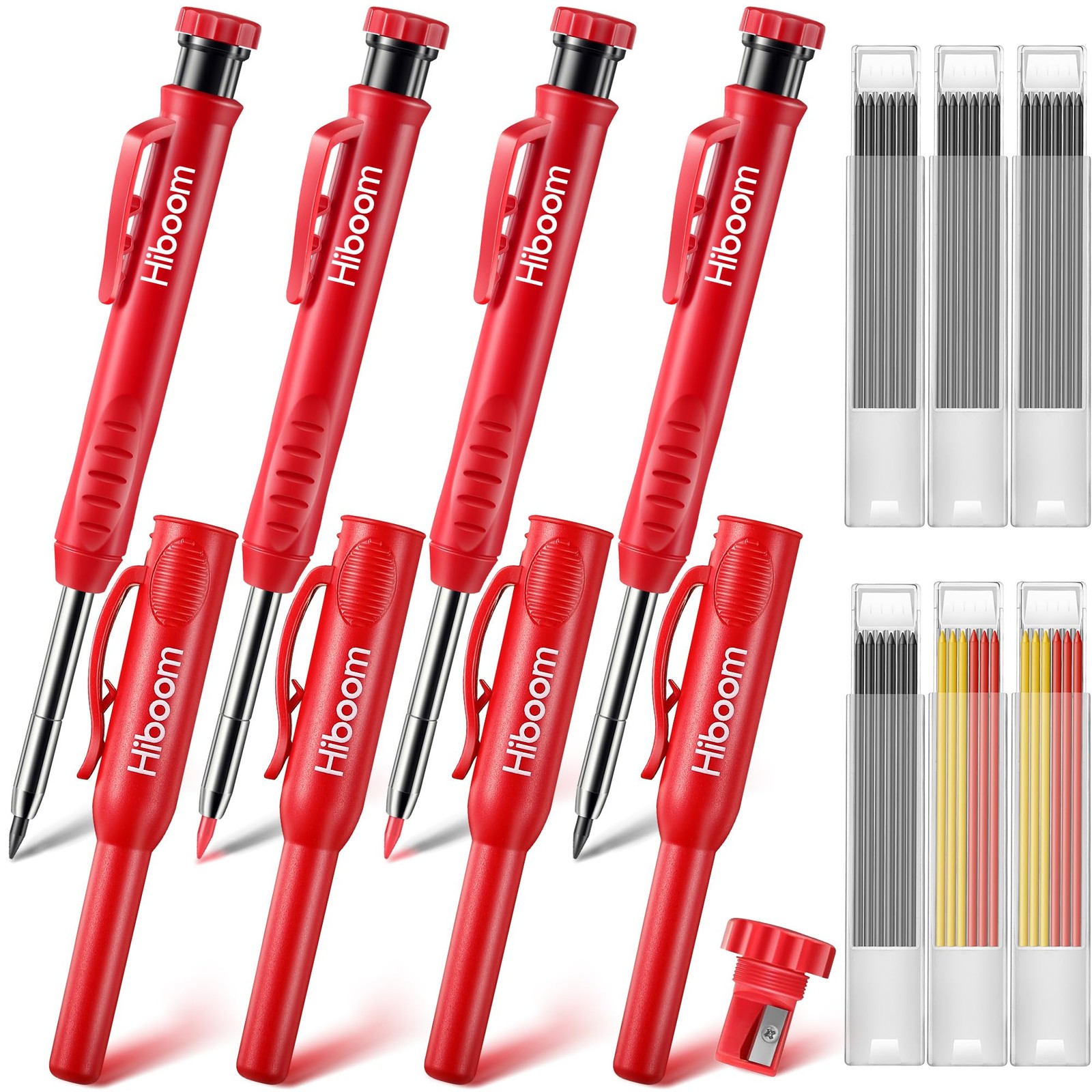 Hiboom 4 Pack Carpenter Pencils with 36 Refills (Red, Black, Yellow), 2.8 Red
