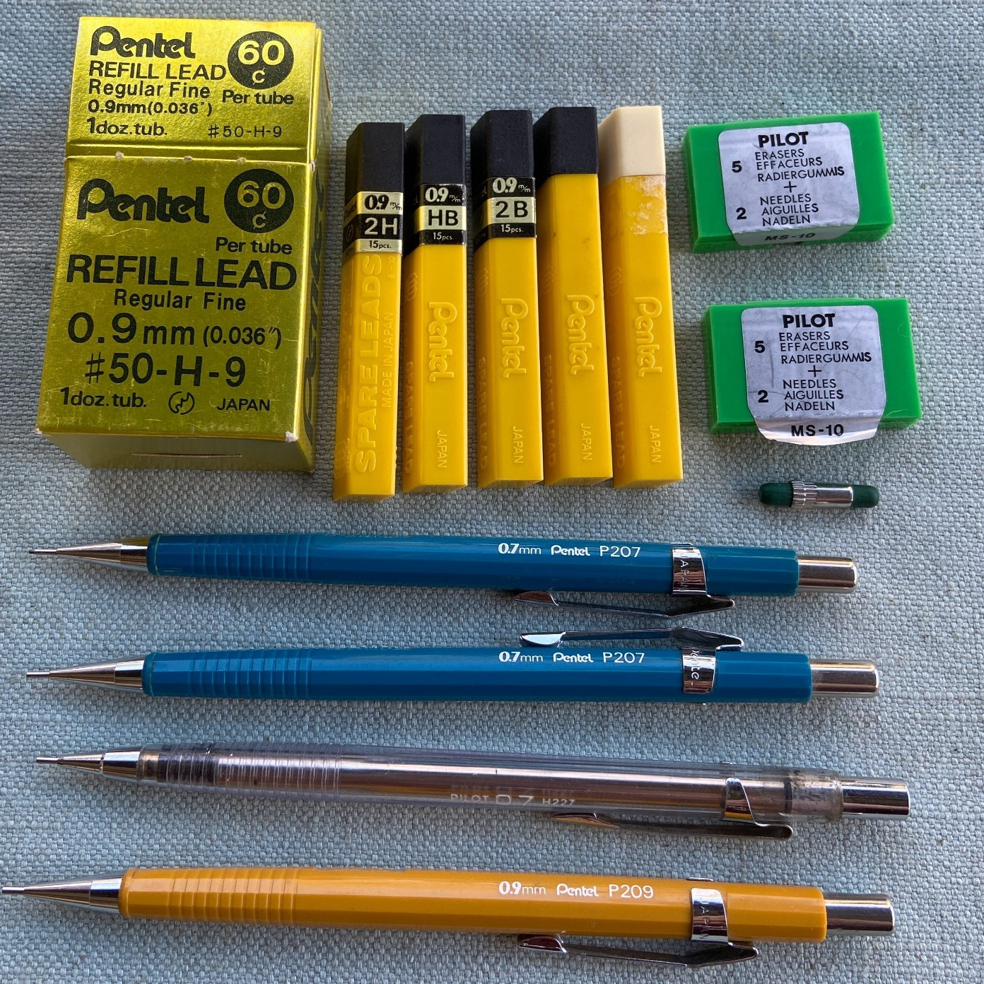 Vintage Drafting Pentel .7mm .9 PIlot P207 P209 Pencil H 2H 2B HB Lead Erasers L