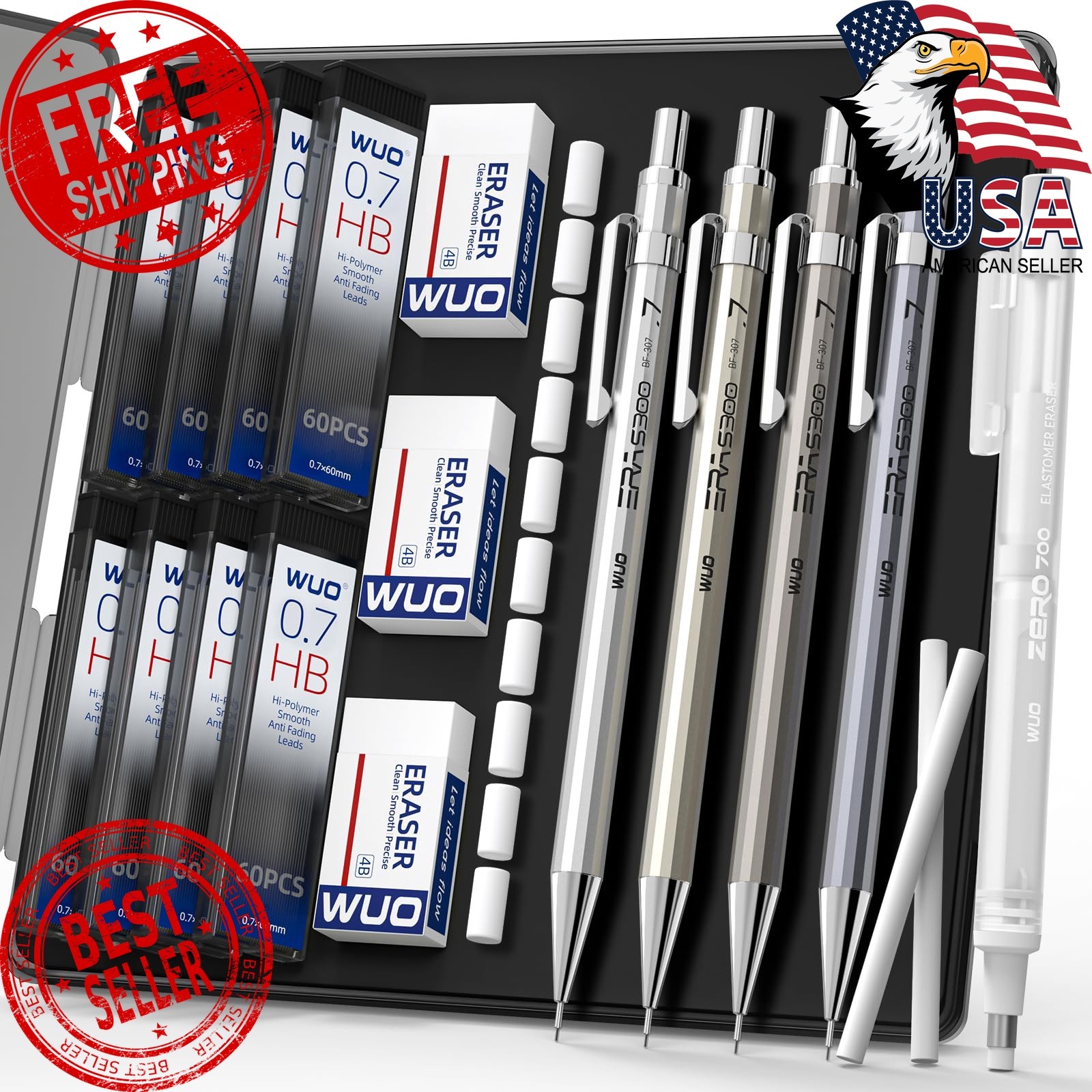 WUO 4pc 0.7mm Mechanical Pencil Set Eraser Refills