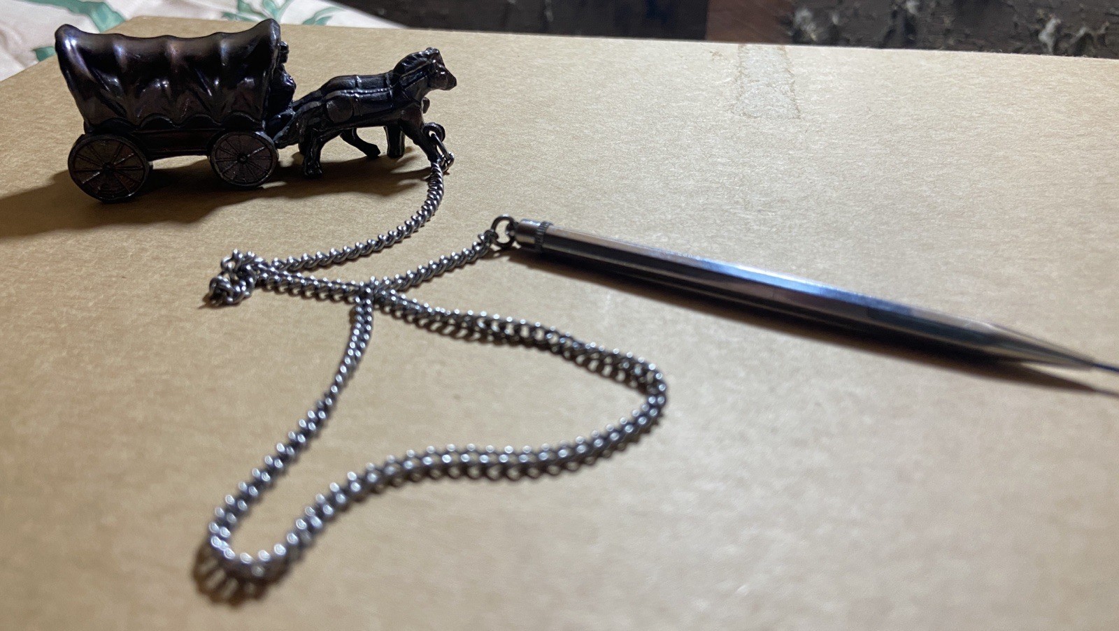 Vintage Cast Iron Horses & Wagon Vintage Twist Mechanical Pencil On Chain