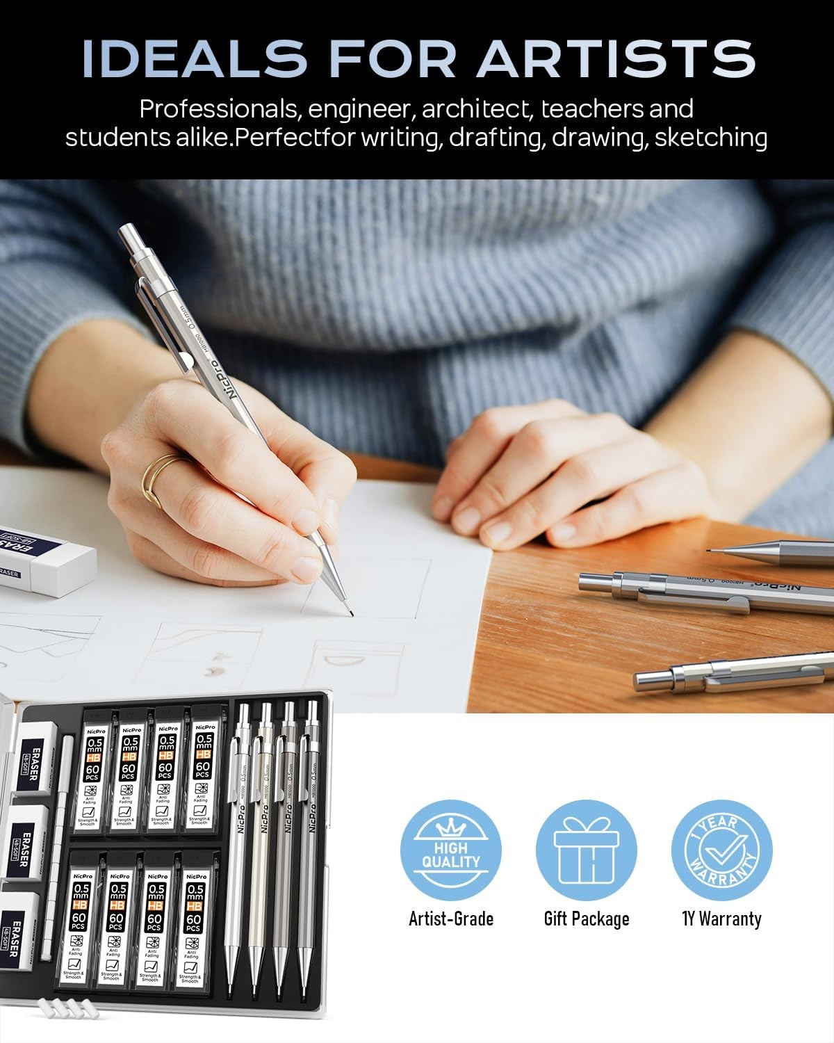 Nicpro 4 Pack Mechanical Pencil 0.5 mm with Case, MB1000 mm, Multicolor