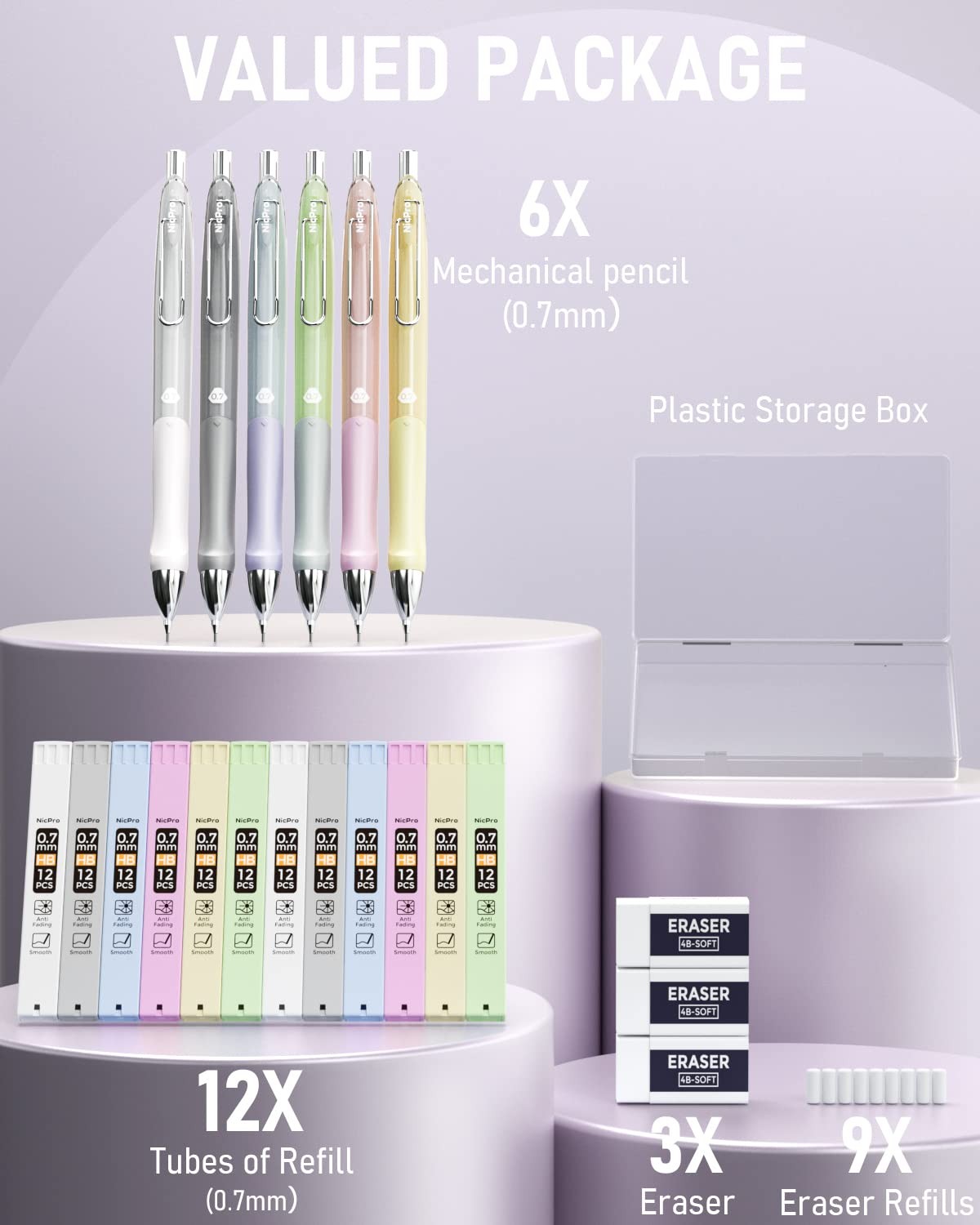 Nicpro 6PCS Pastel Mechanical Pencil Set 0.7 mm, Cute 0.7, Green