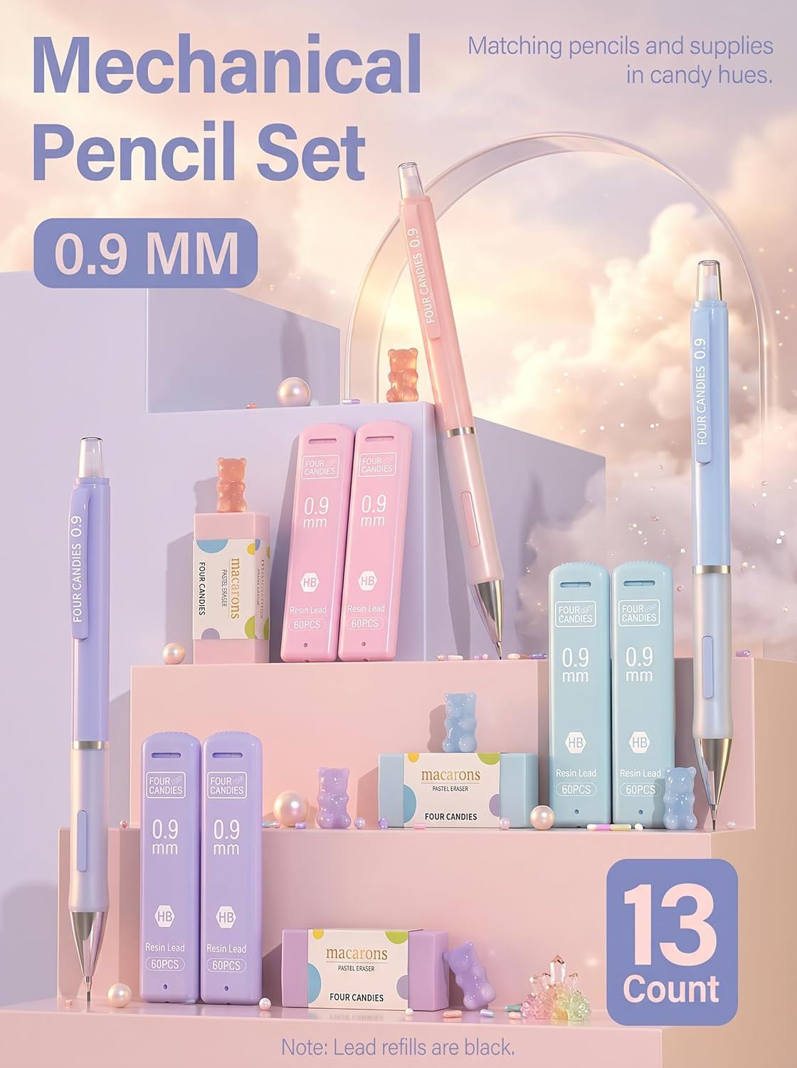 3PCS Cute Mechanical Pencils Set, 0.9Mm with 360PCS Thick Leads, Pastel Erasers