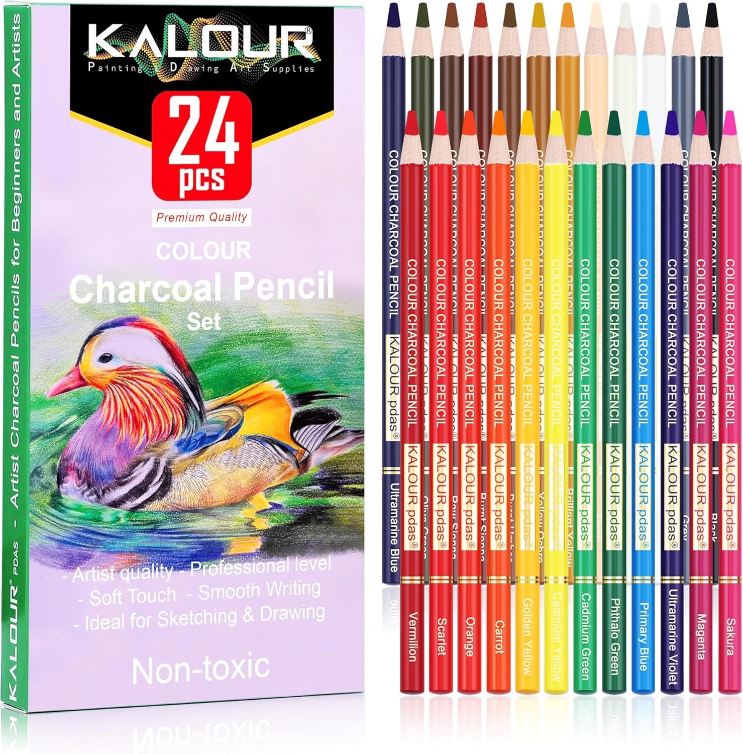 24 Premium Colored Charcoal Pencils Drawing 24 Count (Pack of 1), Multicolor