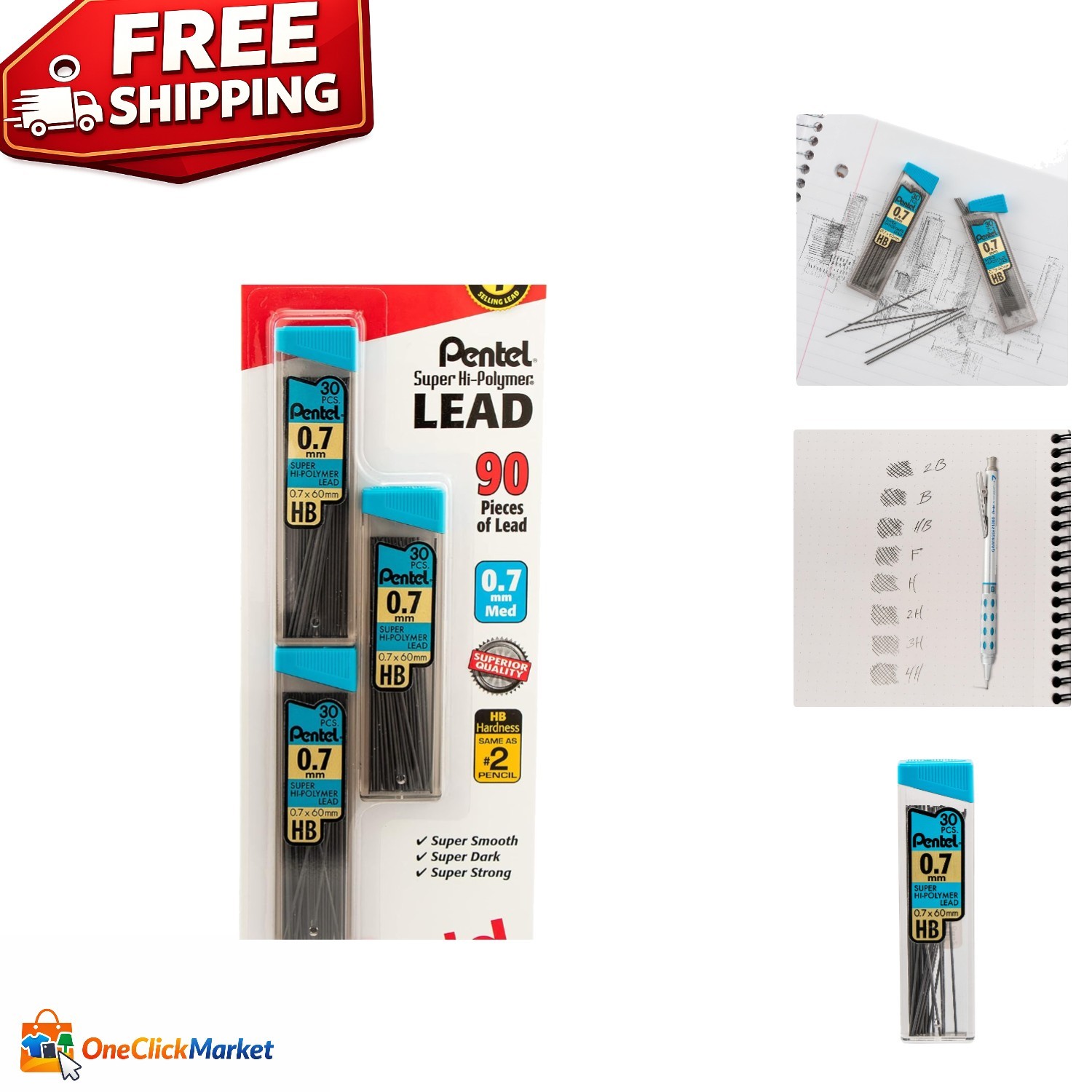 30 Count Super Hi-Polymer 0.7mm Pencil Lead Refills – Eco-Friendly Pack of 3
