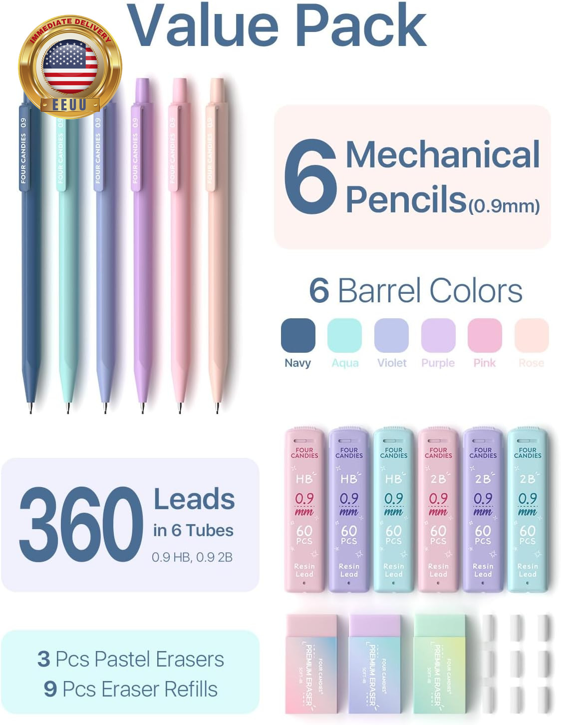 6PCS Aesthetic Mechanical Pencil Set 0.9Mm with 360 HB/2B Leads, 12 Erasers – Cu