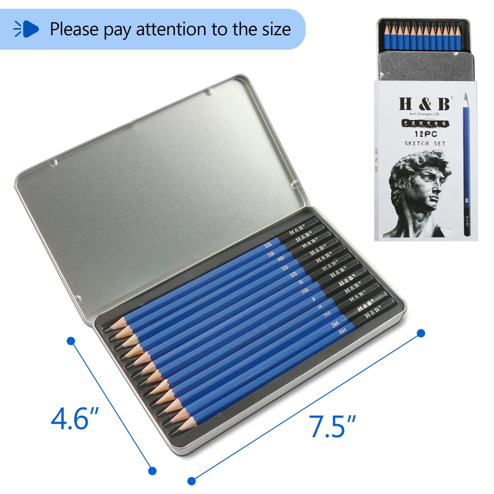 H & B 12 PCS Pencil Drawing Kit, H-4H, F, HB, 12 Count (Pack of 1), Graphite