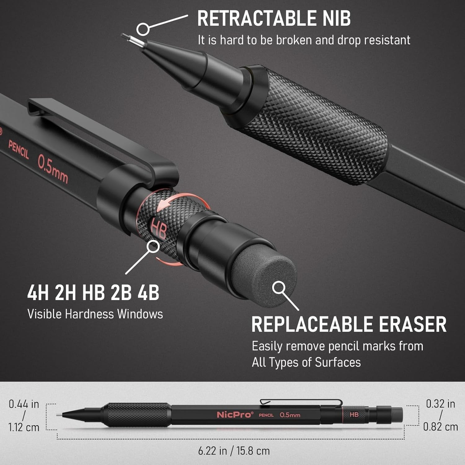 Nicpro Metal Mechanical Pencil Set, 3PCS Art Drafting Pencil 0.5, 0.7, 0.9MM & 2