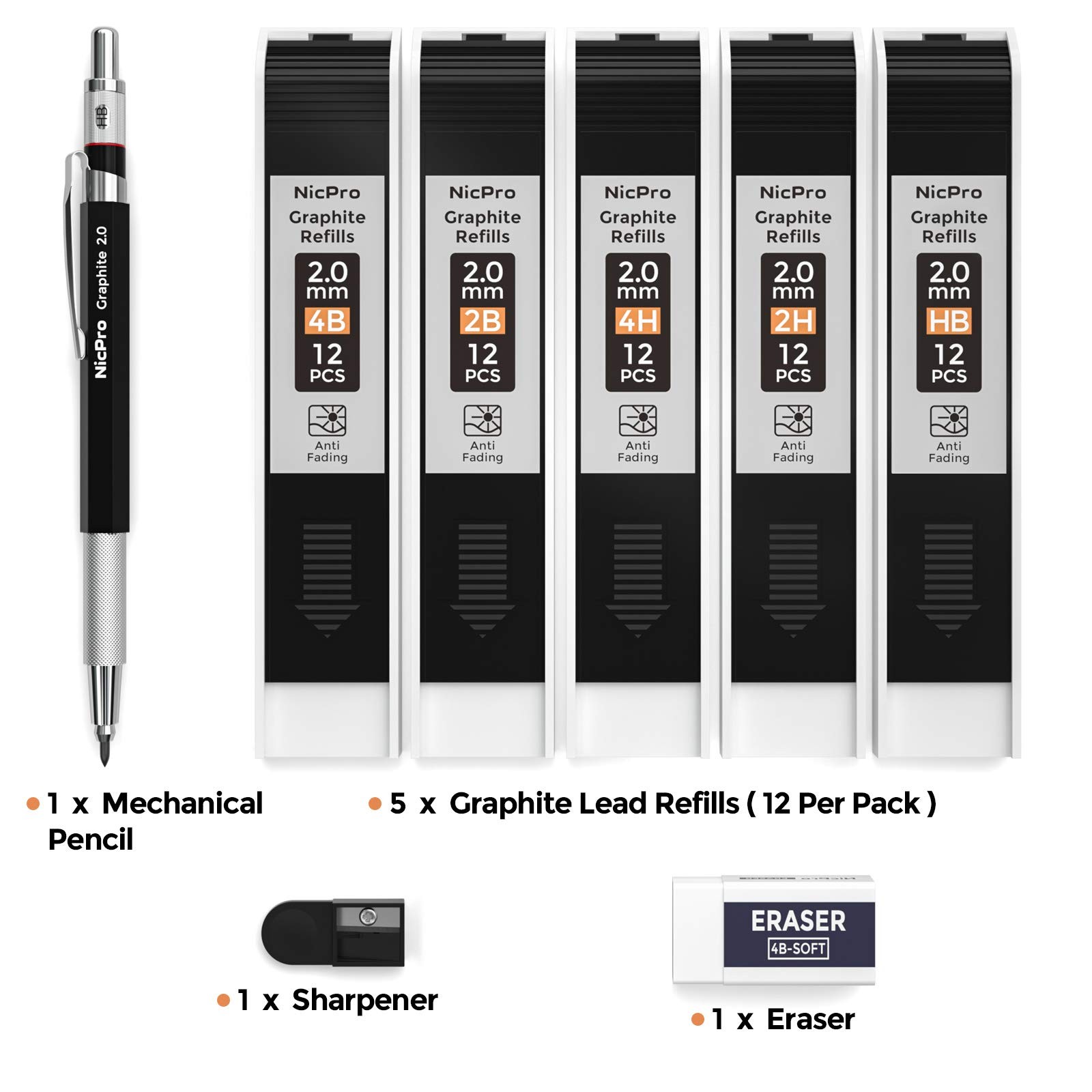 Nicpro 2.0 mm Mechanical Pencil Set, Artist Metal 1 Count (Pack of 1), Black