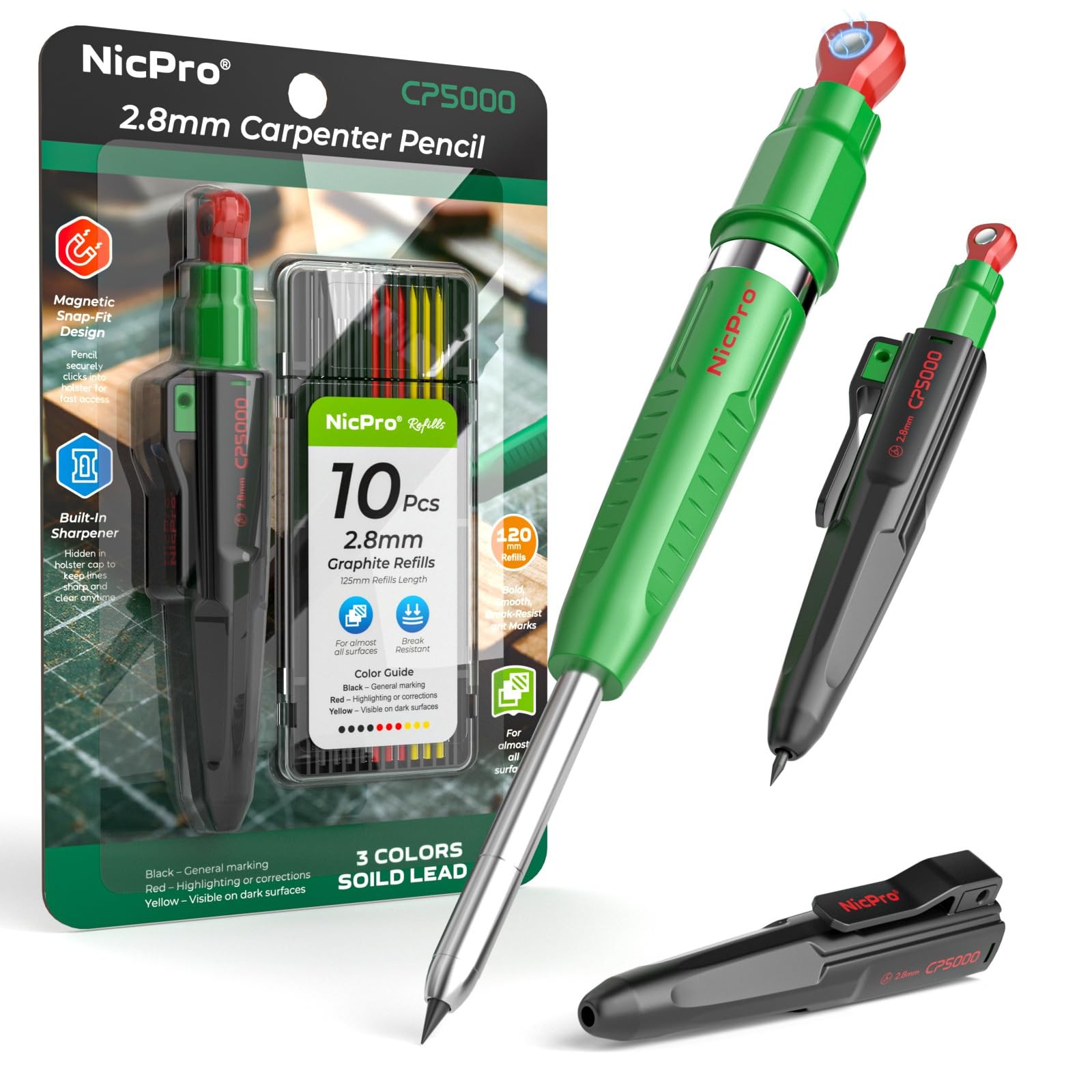 Nicpro 7-in-1 CP5000 Magnetic 1 Count (Pack of 3), Black, Red, Yellow