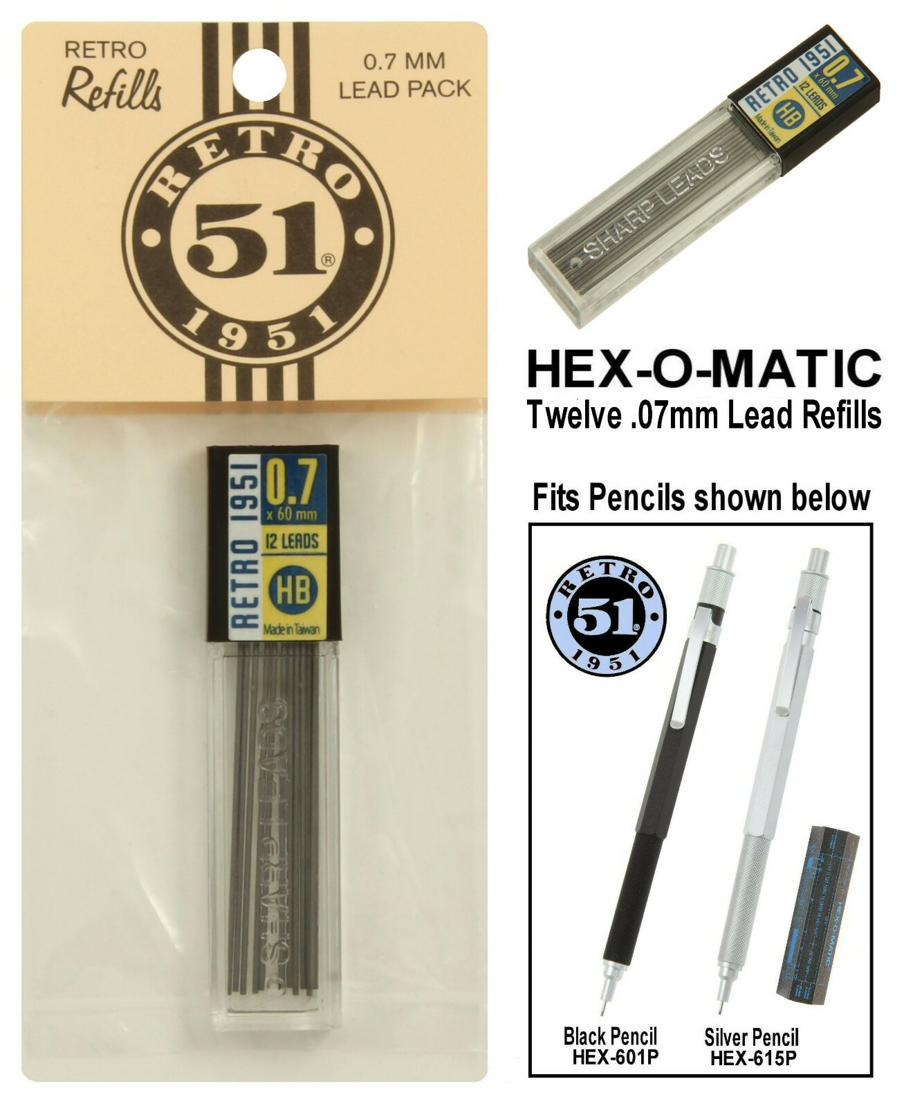 Retro 51 Hex-O-Matic Pencil .7mm Lead Refill Pack of 12 Leads / #REF40-L