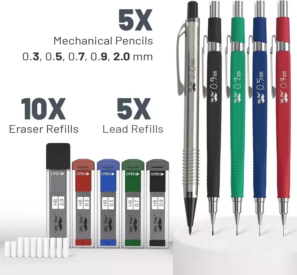 Mechanical Pencil Set with Lead and Eraser Refills, 5 Sizes – 0.3, 0.5, 0.7, 0.9