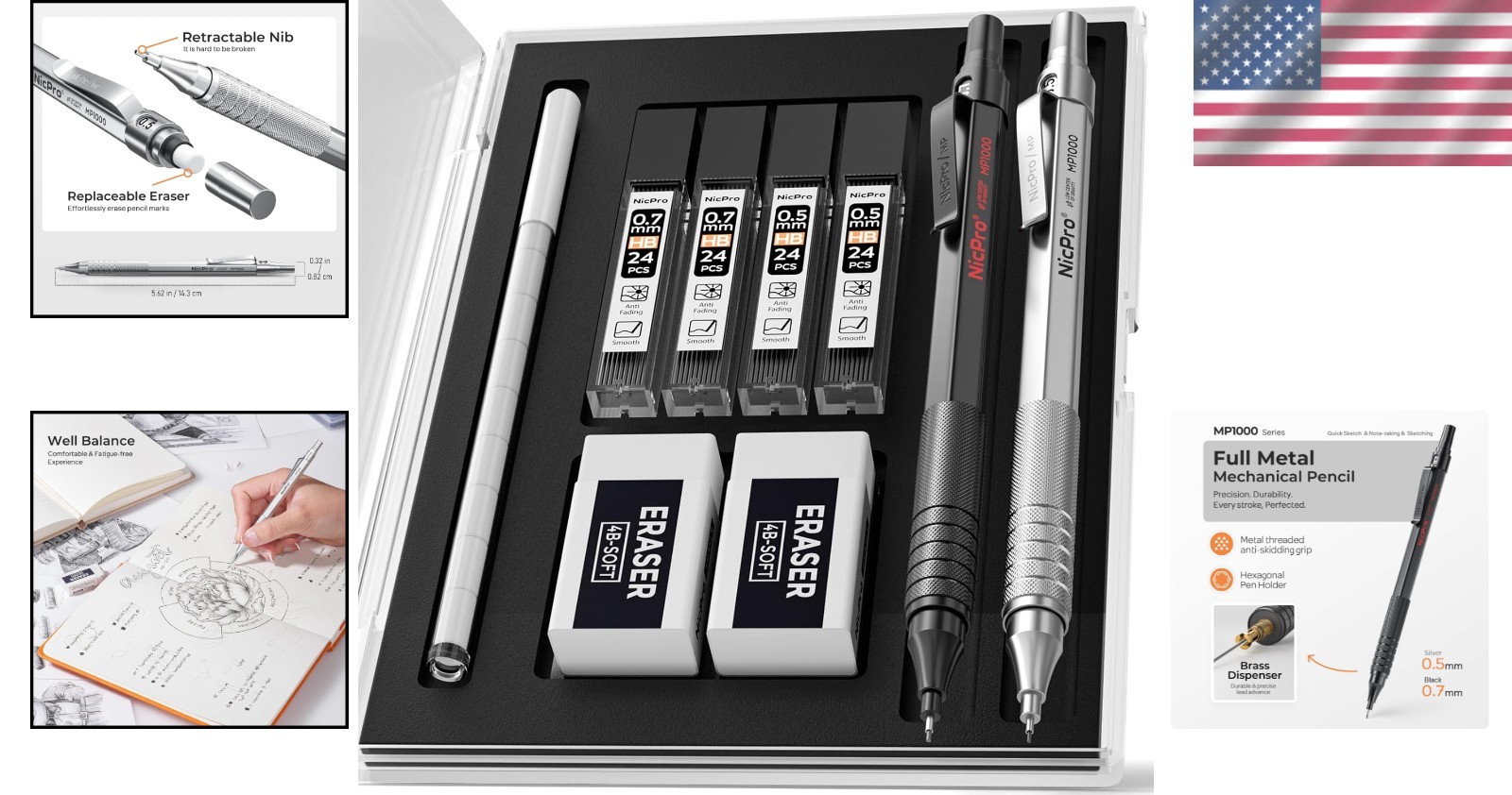 2 PCS Ergonomic Metal Mechanical Pencils 0.5mm & 0.7mm – Perfect for Artists