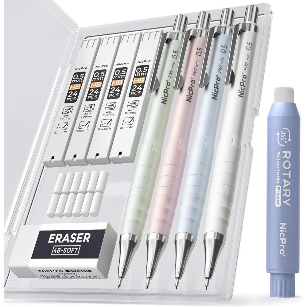 Cute Mechanical Pencil Set, 4PCS 0.5mm Pastel Drafting Pencils with 4 Tube HB