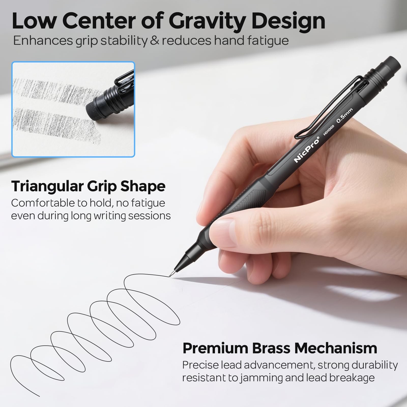 Nicpro HD1000 0.5 mm Art Mechanical Pencil Set in Case, 3 PCS 0.5mm, Black