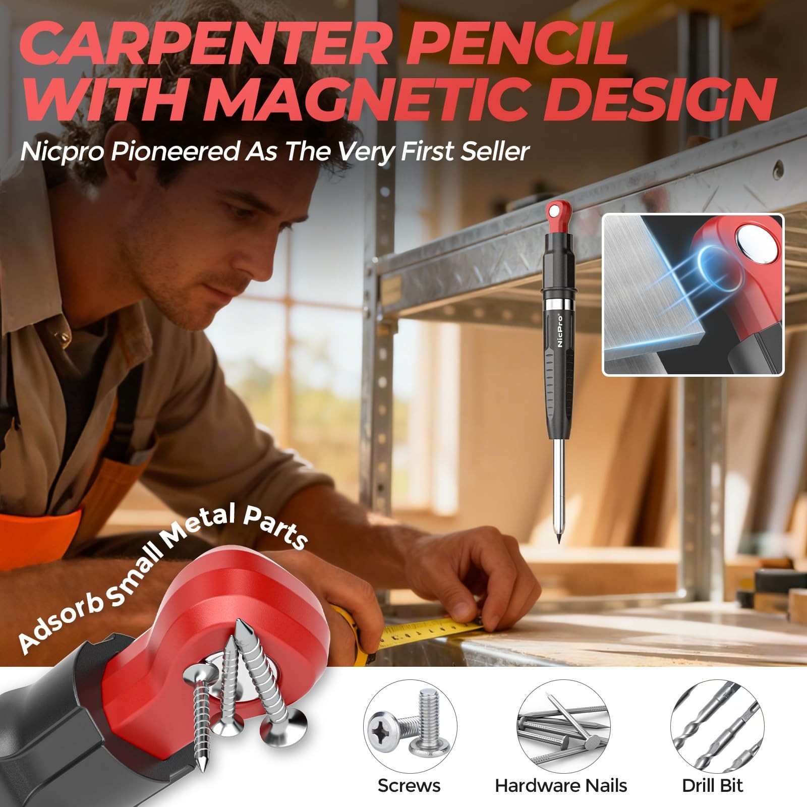 Nicpro CP5000 Magnetic Carpenter Pencils with 1 Count (Pack of 3), Red