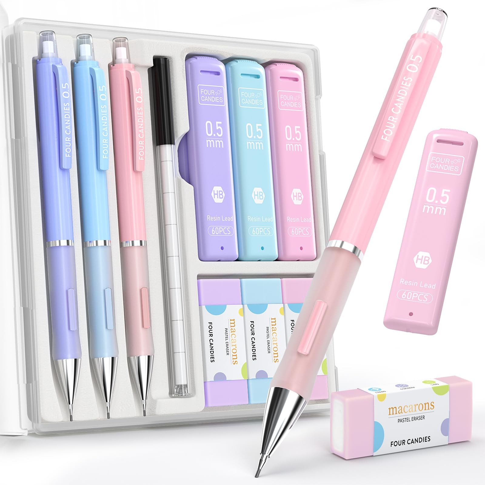 0.5mm Cute Mechanical Pencils Set 360 PCS Lead Refills Pastel Erasers Case