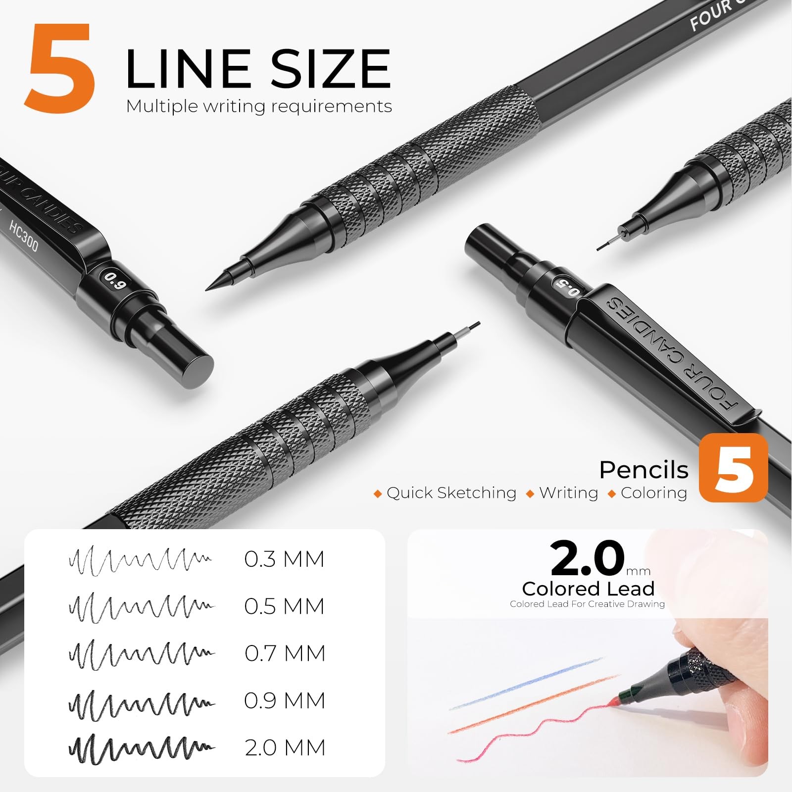 Metal Mechanical Pencil Set, 4PCS 0.3, 0.5, 0.7, 0.9MM Mechanical Pencils & 2…