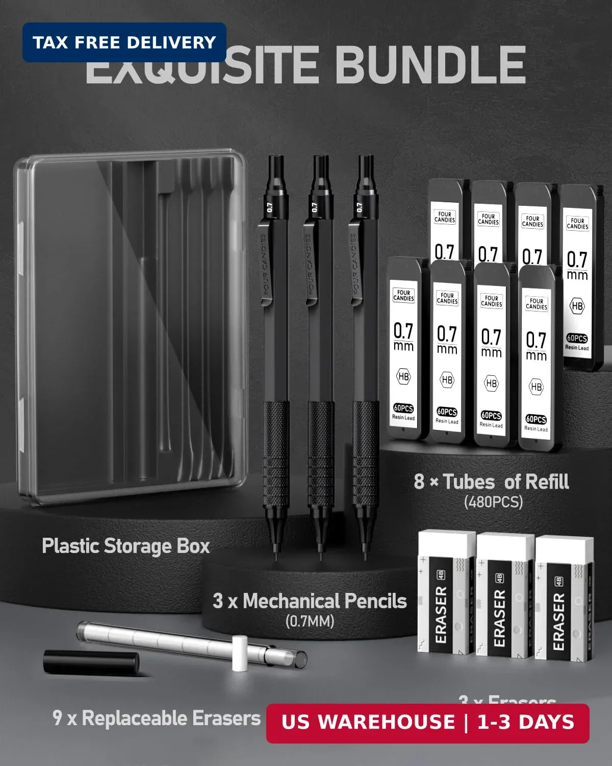 Four Candies Mechanical Graphite Pencil Set, 3pcs Black Metal Pencils with Anti-