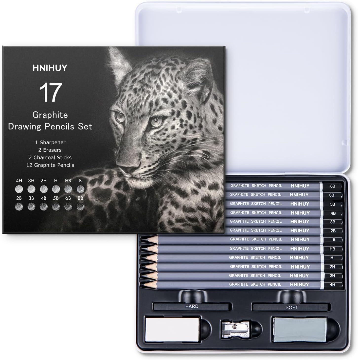 HNIHUY Professional Sketch Pencils Set, 17 Pcs, Graphite Black