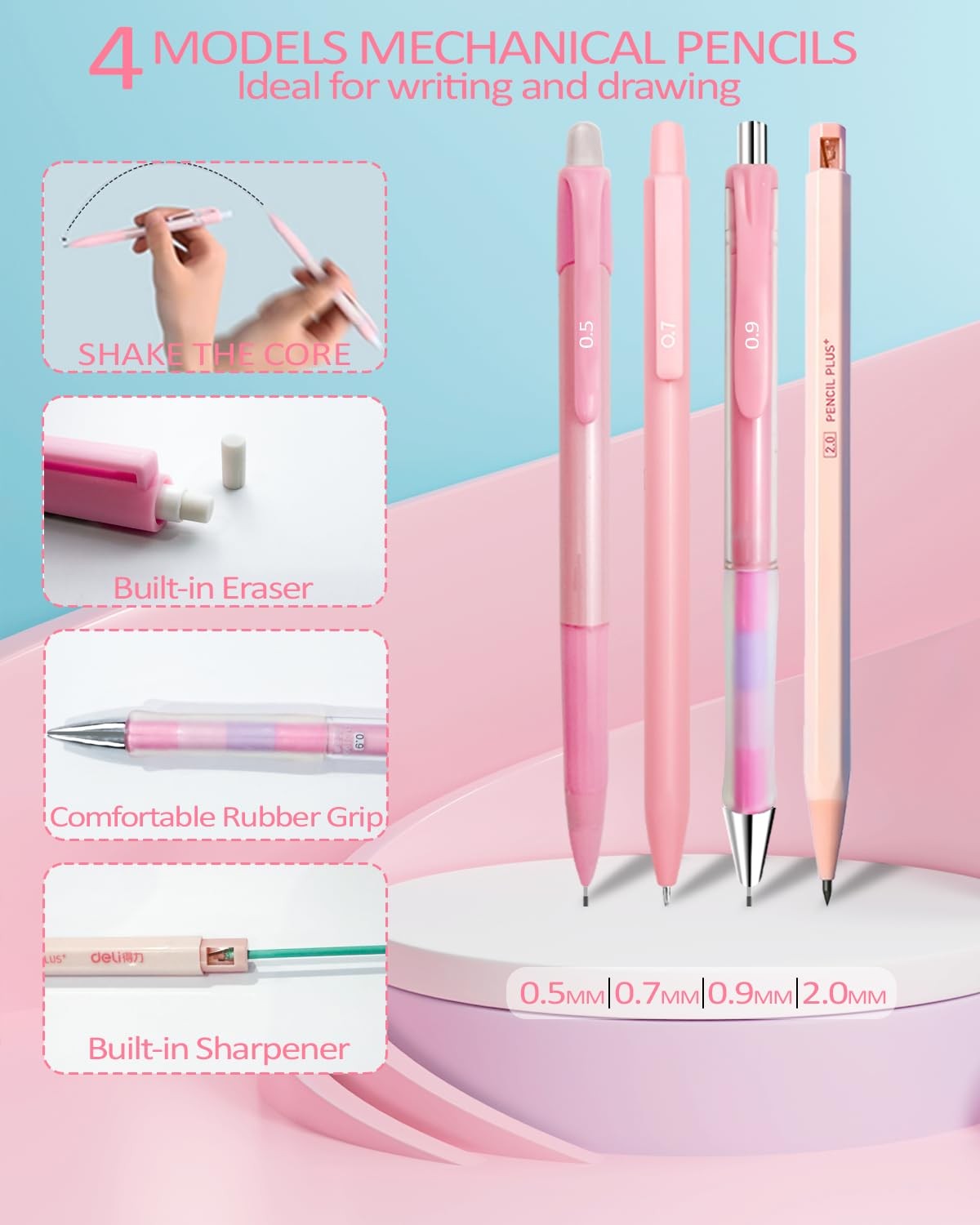 Mechanical Pencil Set with Pink Pencil Case,12X Pastel Mechanical Pencil 0.5m…