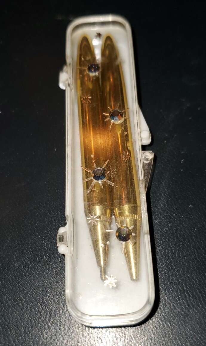 Vintage Goldtone Gold Pen Pencil Set with Blue Rhinestone Case Small 3″ MCM