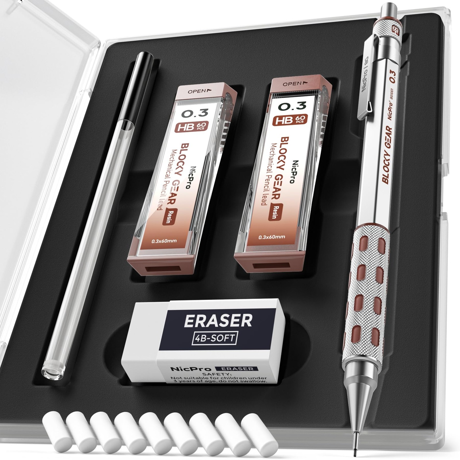 Nicpro Blocky Gear 0.3 mm Mechanical Pencils Set in Case, Metal 0.3mm, Black