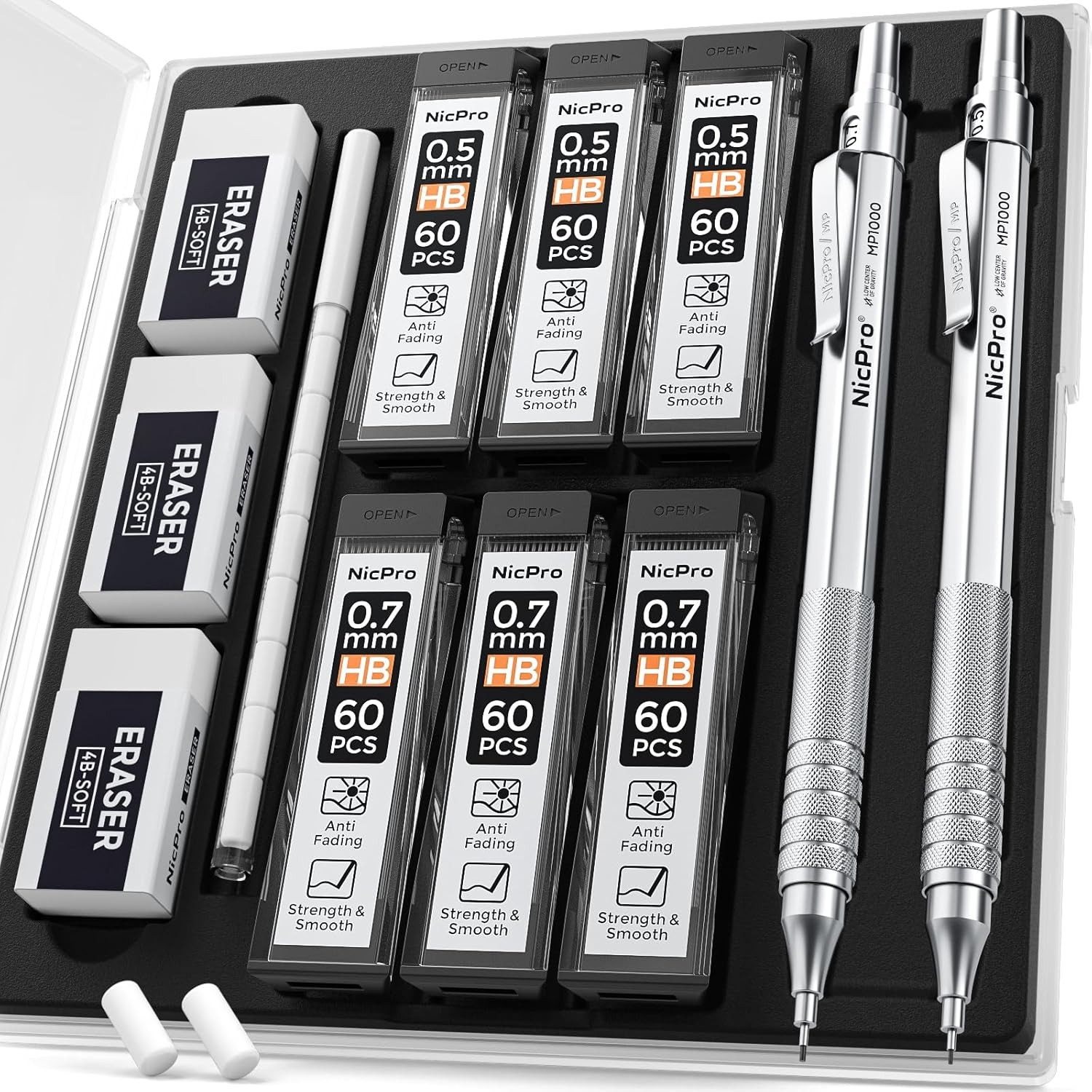 Nicpro 2 PCS Mechanical Pencil 0.5mm & 0.7 mm with Case, 17 Piece Set, Silver