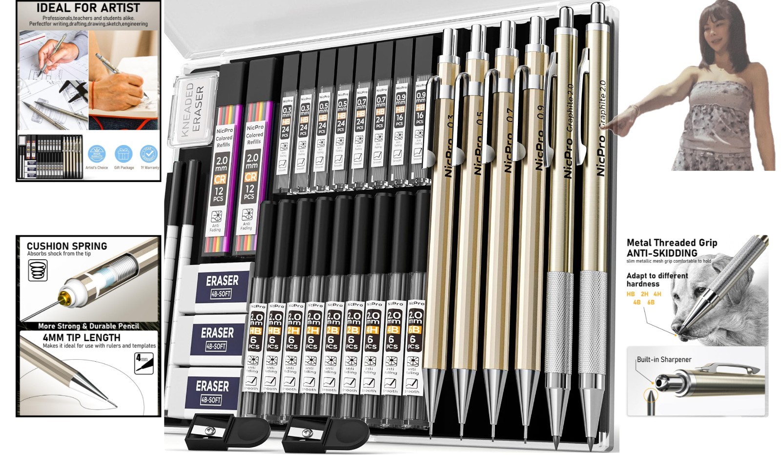 Effortless Drawing Tools: 34PCS Metal Mechanical Pencils with 3 Erasers Included