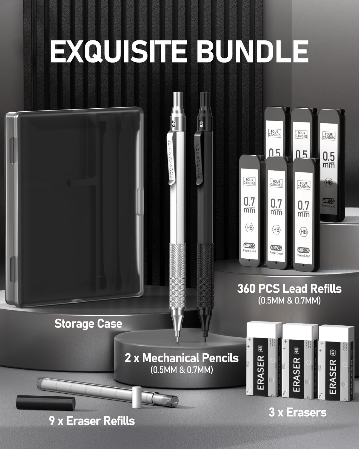 2PCS Metal Mechanical Pencils Set with Case, 0.5mm & 0.7 mm Artist Pencil with 6