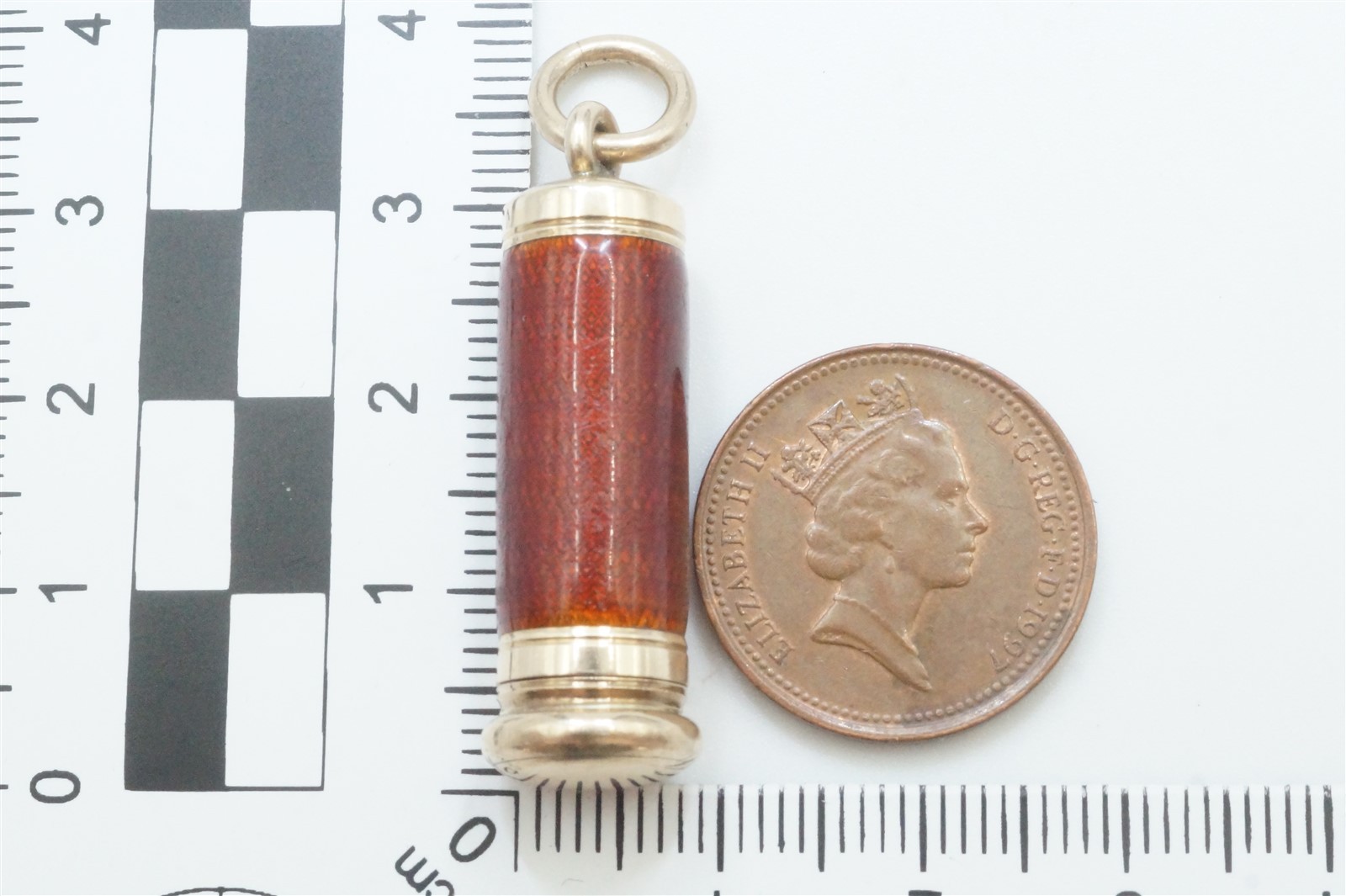 ANTIQUE ENGLISH 9k GOLD ENAMEL ‘MAGIC’ BULLET PENCIL FOB CHARM c1900