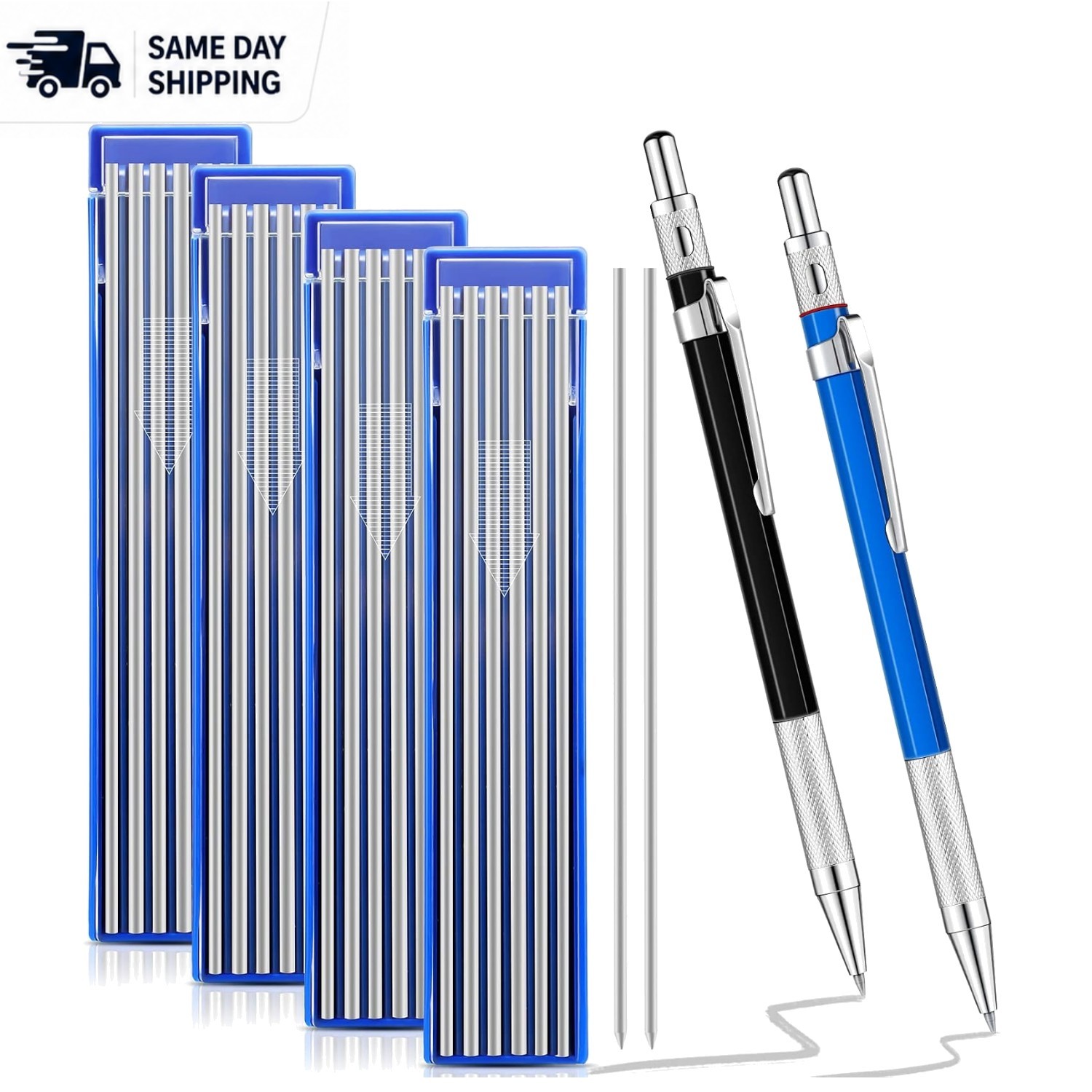 2 Pcs Welders Pencil Set with 48 Refillable Round Graphite Markers – Silver