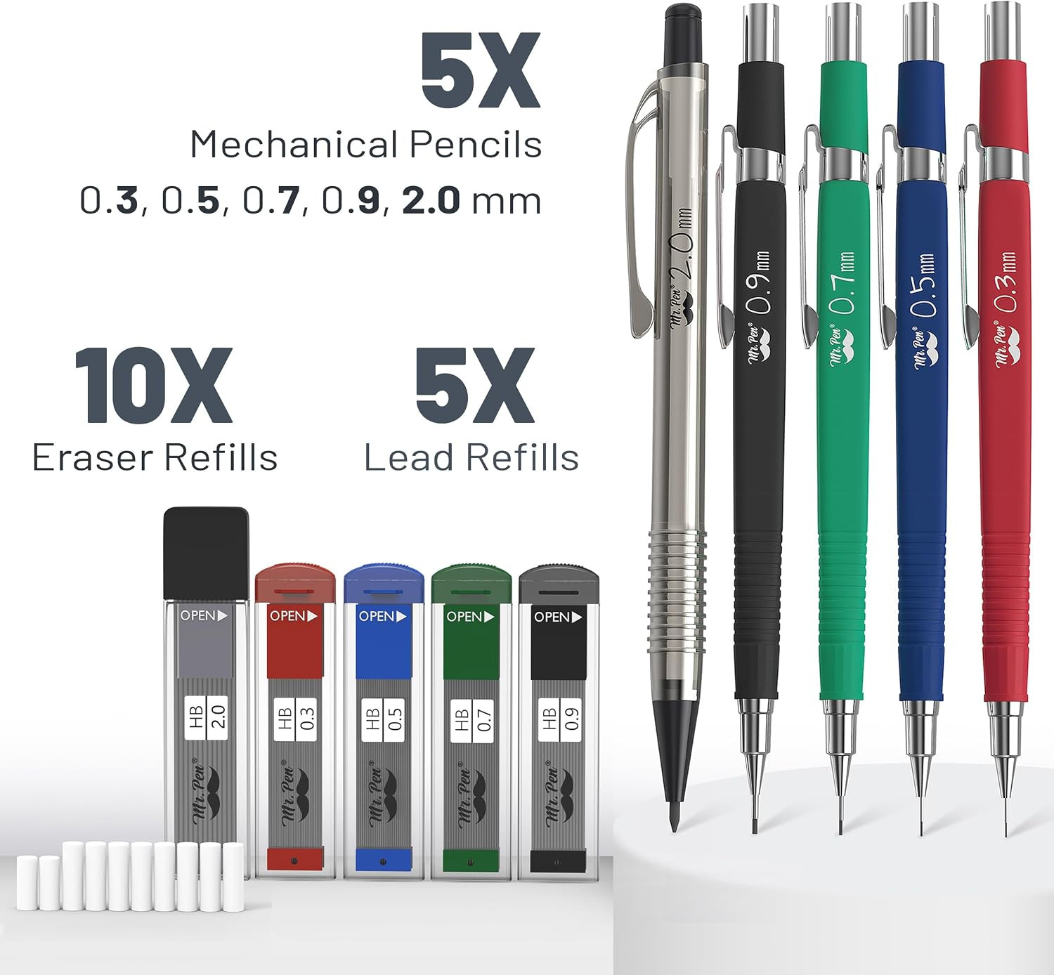 – Art Mechanical Pencil Set, 5 Mechanical Pencils (0.3, 0.5, 0.7 | 0.9, 2.0mm),
