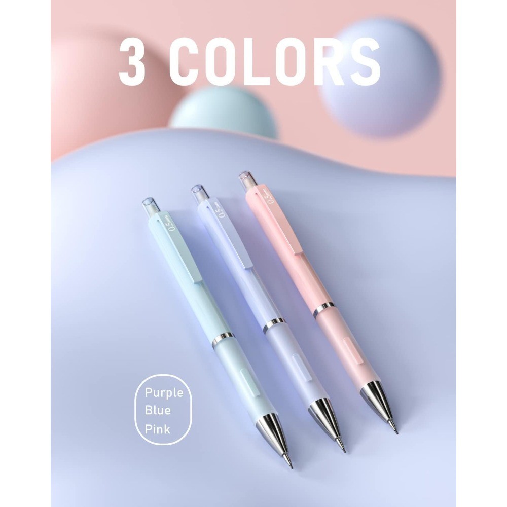 3PCS Pastel Mechanical Pencil Set, 0.5 Mechanical Pencils with 6 Tube HB Lead