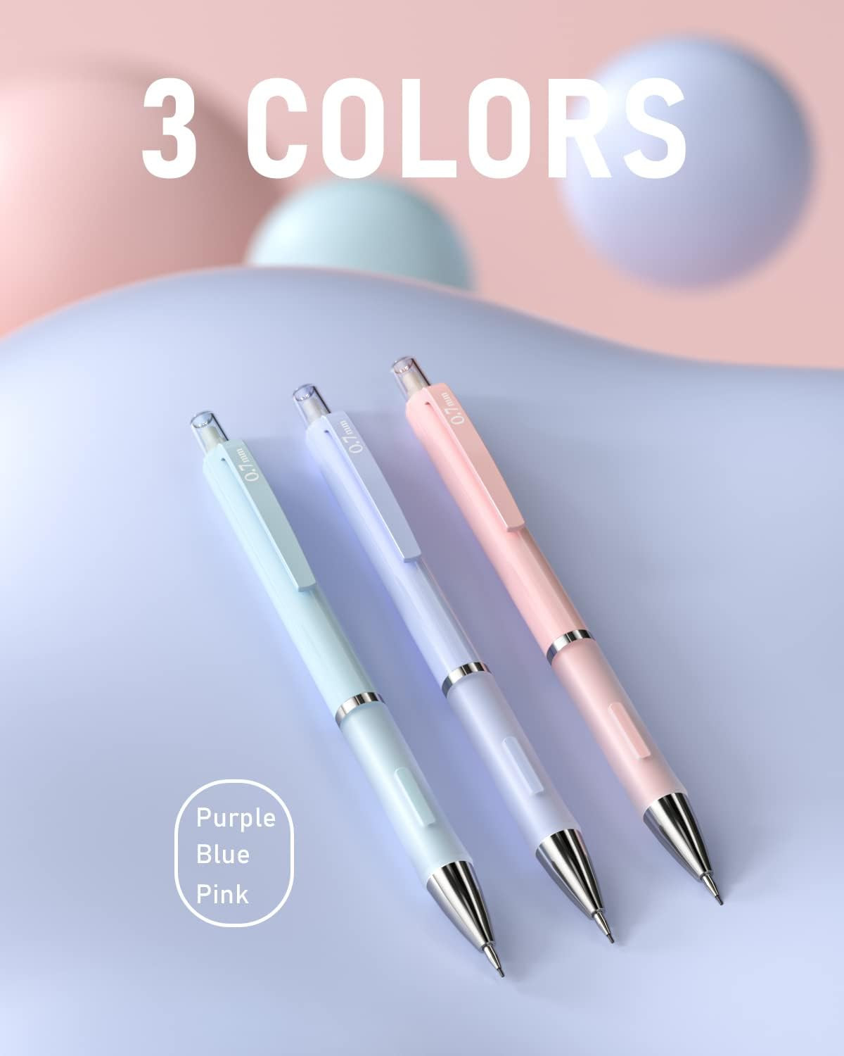 3PCS Cute Mechanical Pencil with , 0.7 Mm Pencils with 6 Tube HB Lead Refill, 3