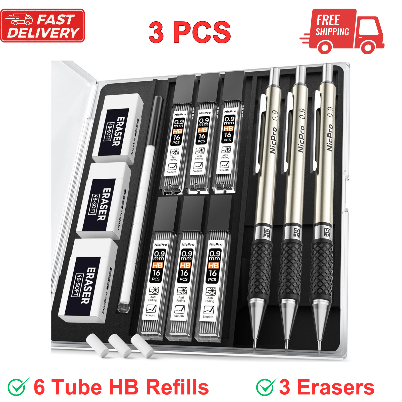 0.9 Mm Metal Mechanical Pencils Set Lead Refill & Erasers, Drafting Pencil Draw
