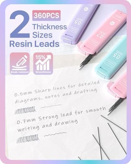 6PCS Cute Mechanical Pencil Set, 0.5mm & 0.7mm with 360PCS Lead 0.5mm+0.7mm