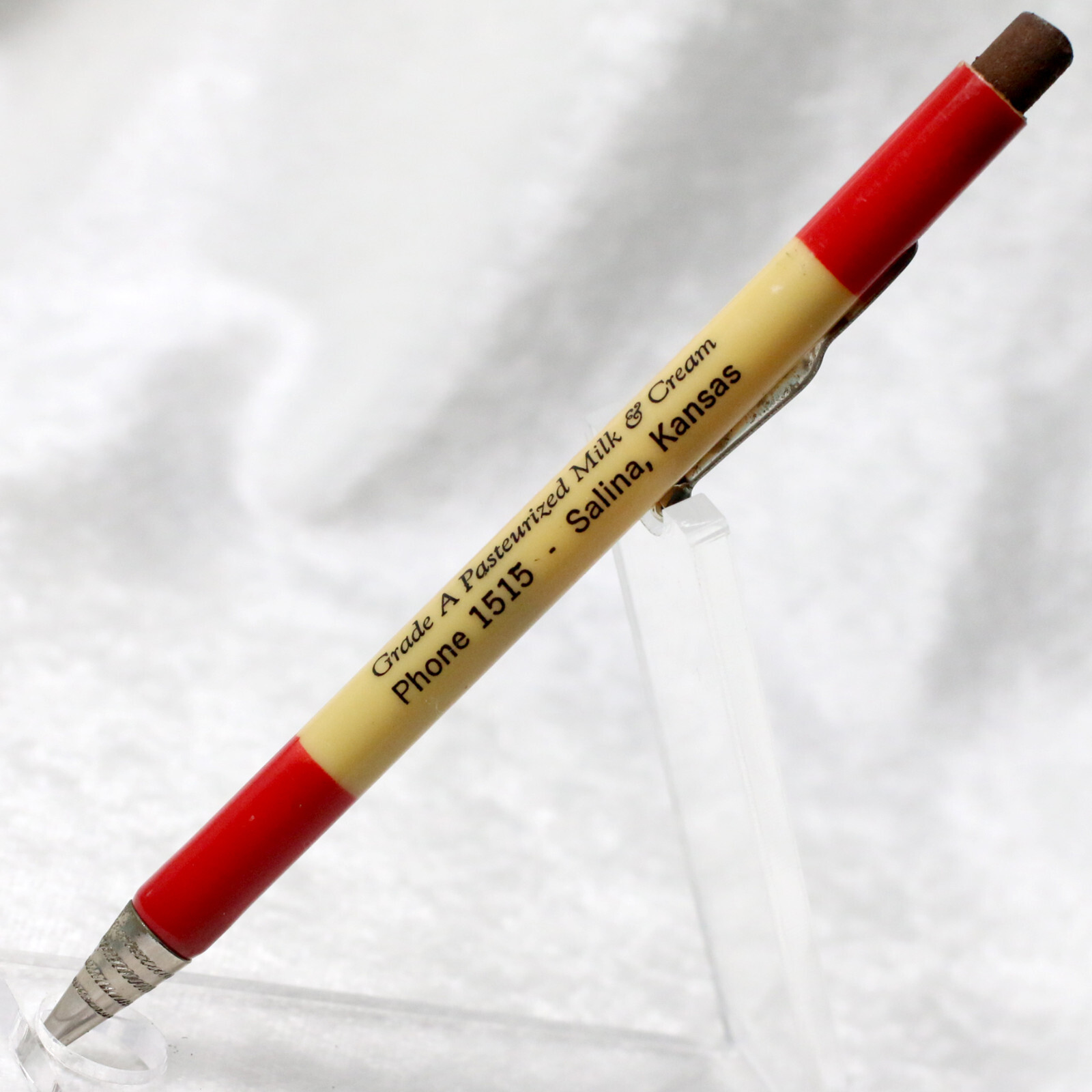 VTG 1930’s Red & White GRAMMAR’S DAIRY Salinas Kans Lipic L-66 Mechanical Pencil