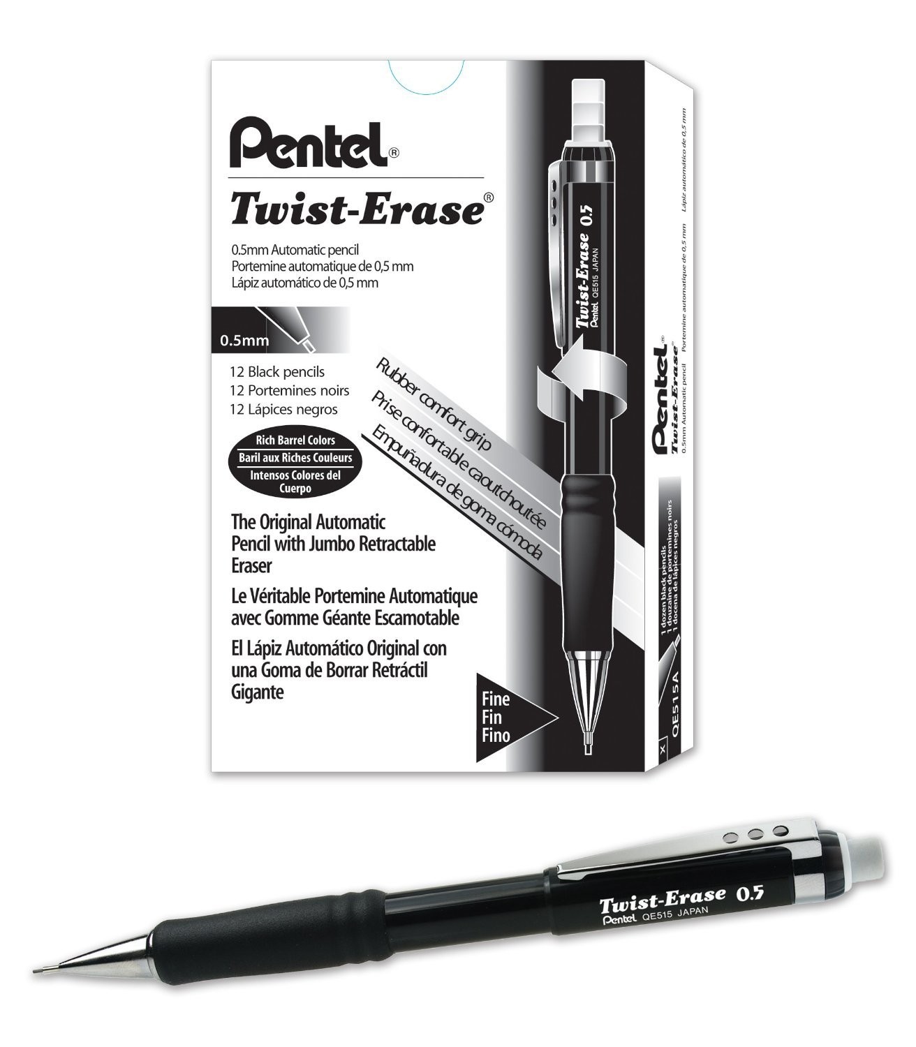 Pentel TwistErase III Mechanical Pencil, 0.5mm, Black Barrel, 12 Pack