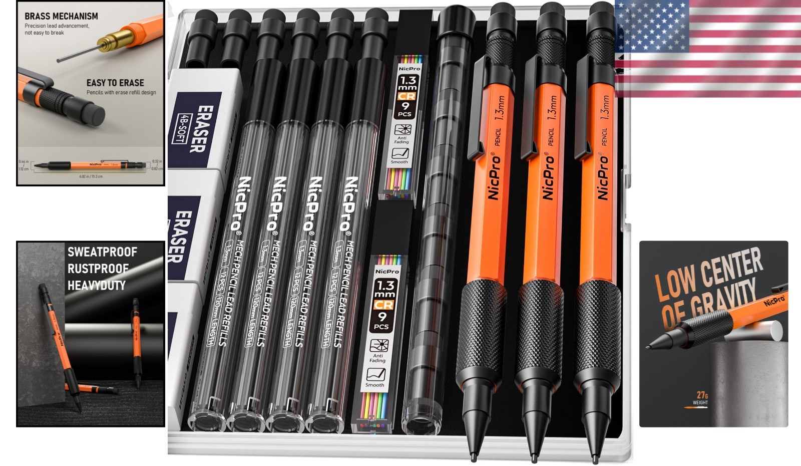3 PCS Retractable Orange Mechanical Pencils Set with 66 Lead Refill & Erasers