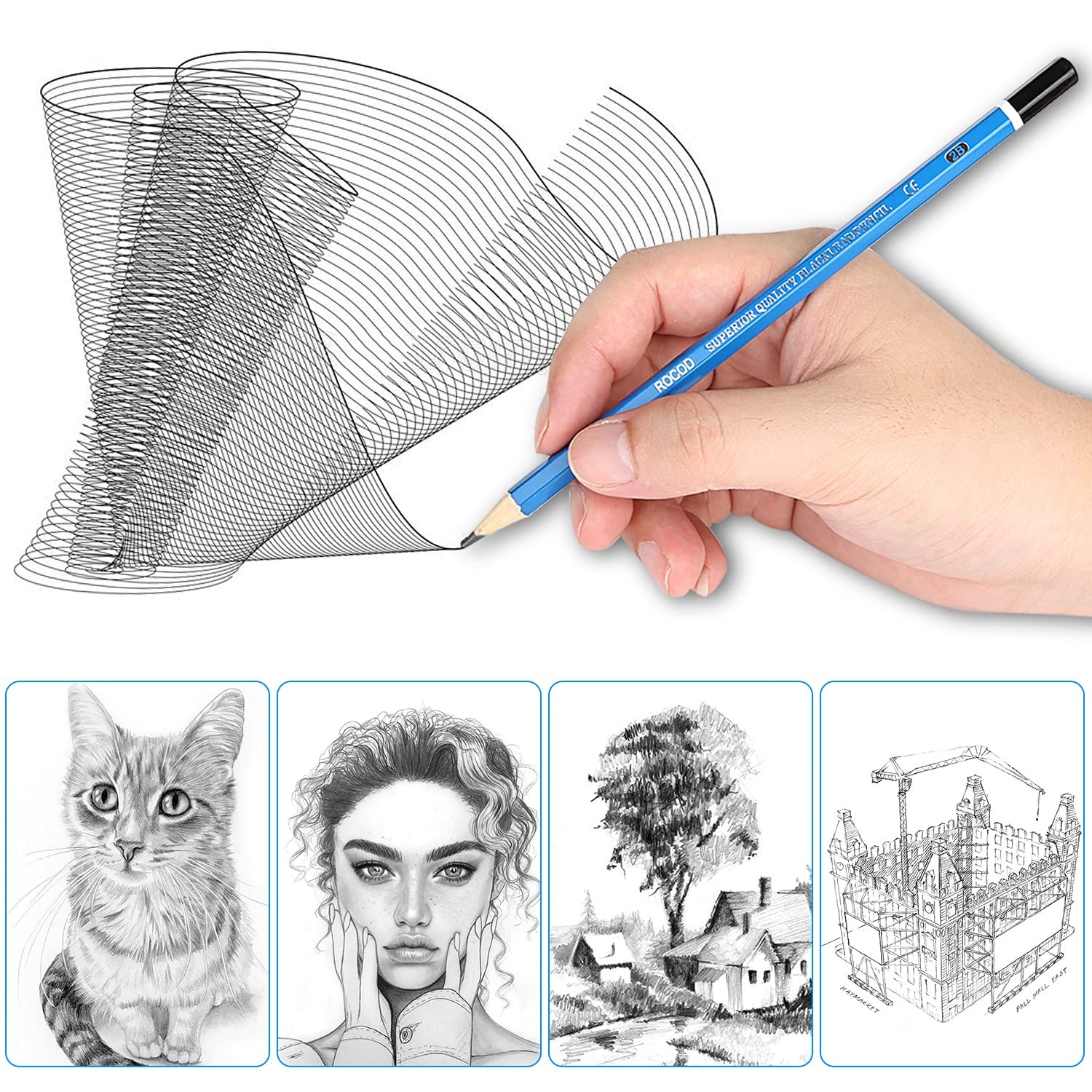 ROCOD Profession Sketch Pencils 6B to 4H for Kids and 16 Piece Set, Graphite