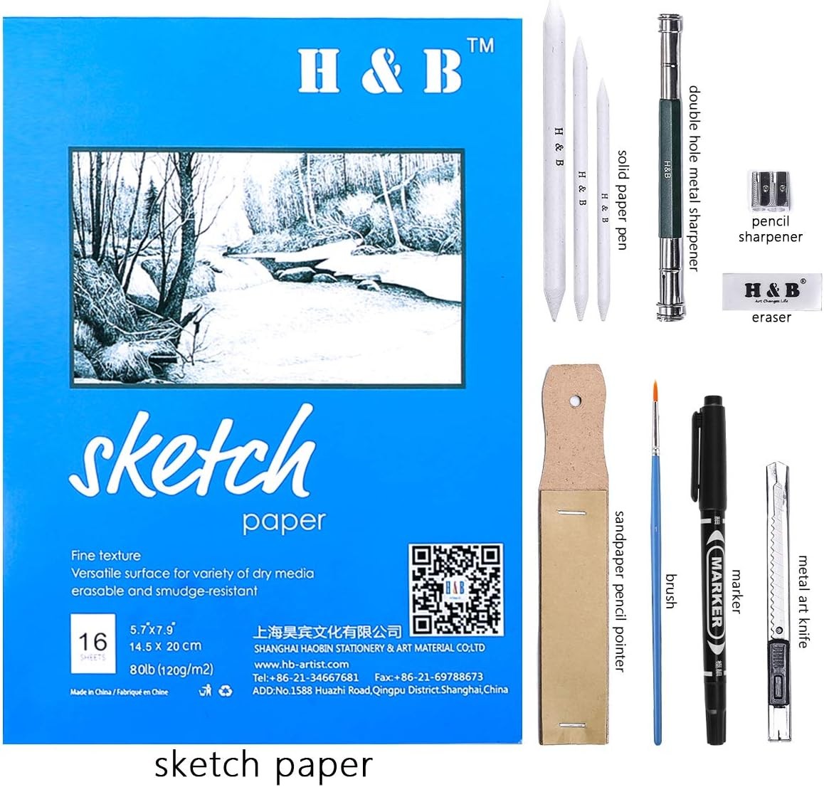 H & B 72PCS Drawing Supplies Sketching Set,Art Kit 72 Piece Set, Multicolor