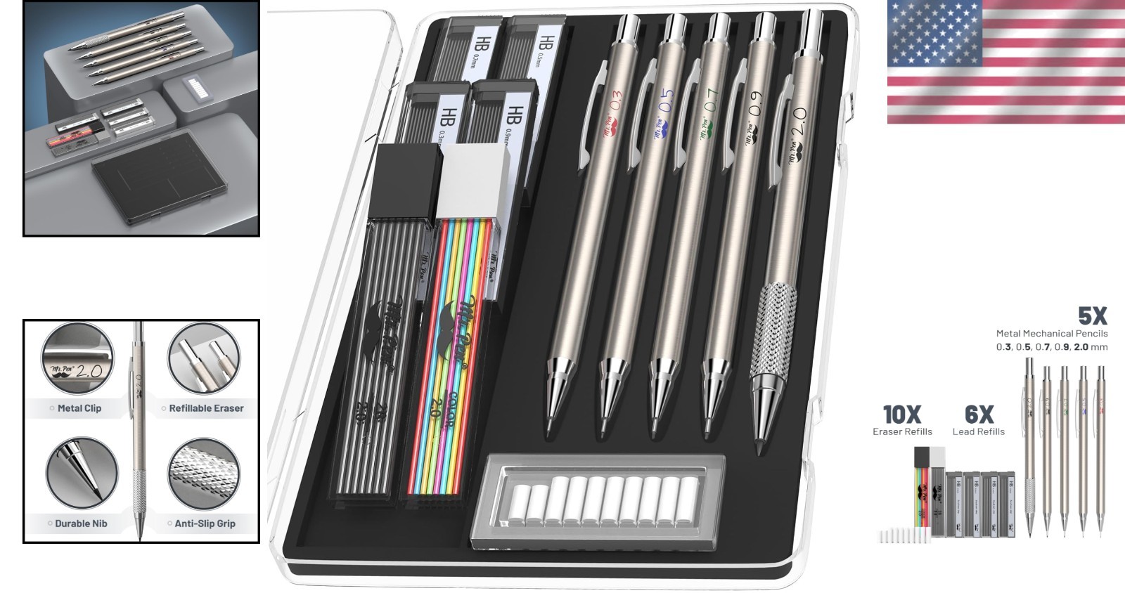 Professional Metal Mechanical Pencil Set | 5 Sizes + Refillable Leads & Erasers