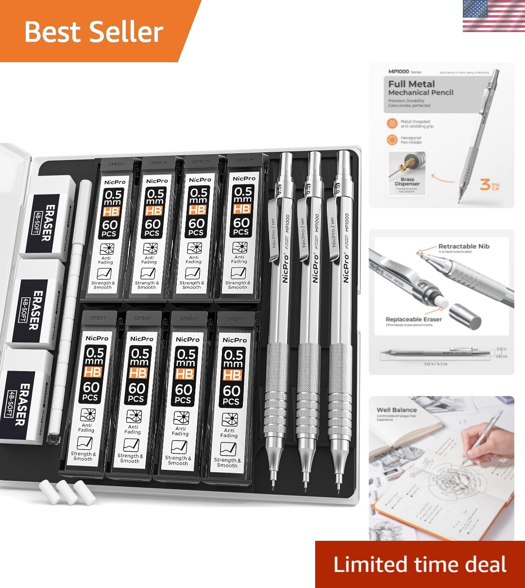 Durable 3PCS Mechanical Pencil Set with 8 HB Lead Tubes & Stylish Storage Case
