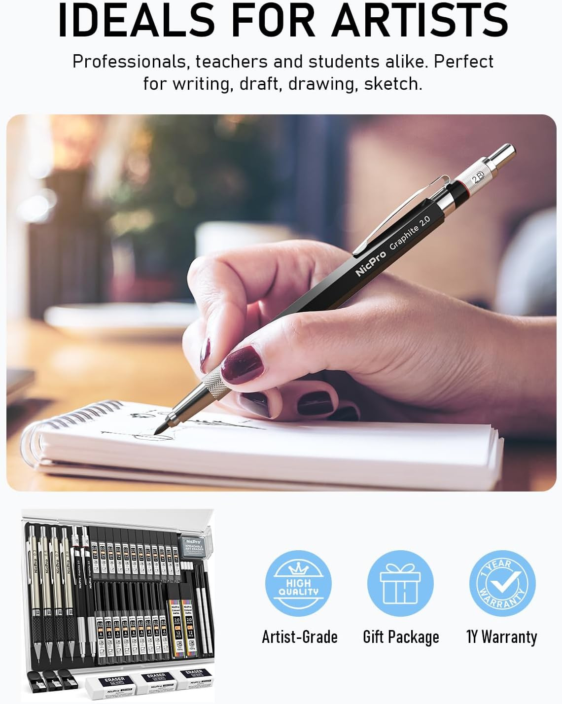 Nicpro 37PCS Art Mechanical Pencil Set, 4PCS Metal Drafting Pencil 0.3Mm, 0.5 Mm