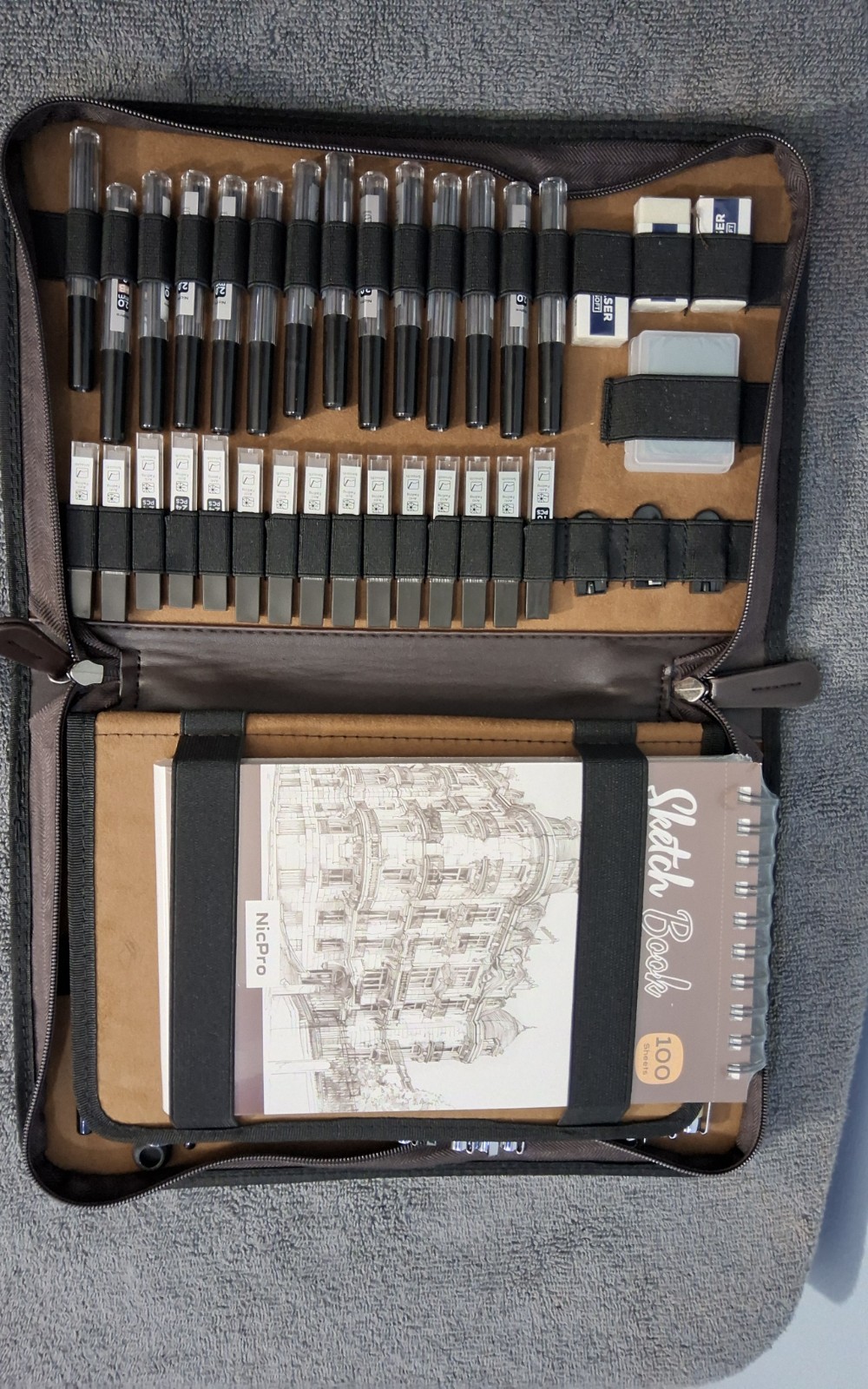 Nicpro 58 PCS Art Drawing Supplies Kit Leather Case Mechanical Black BRAND NEW