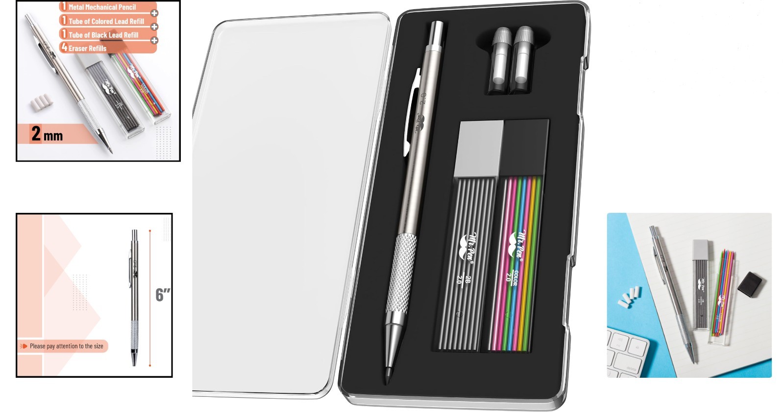 Metal Mechanical Pencil Set 2mm HB & Colored Lead Refills Erasers Office