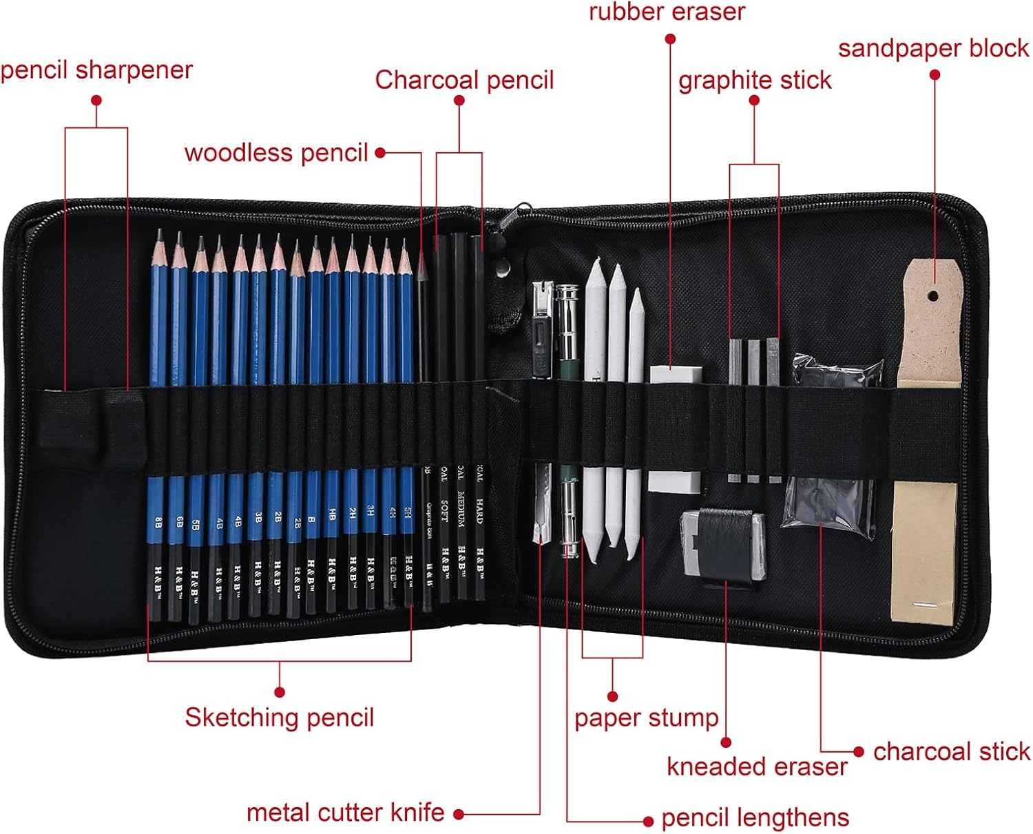H & B 36 Pack Drawing Set Sketch Kit,Sketching Supplies 36 Piece Set, Black