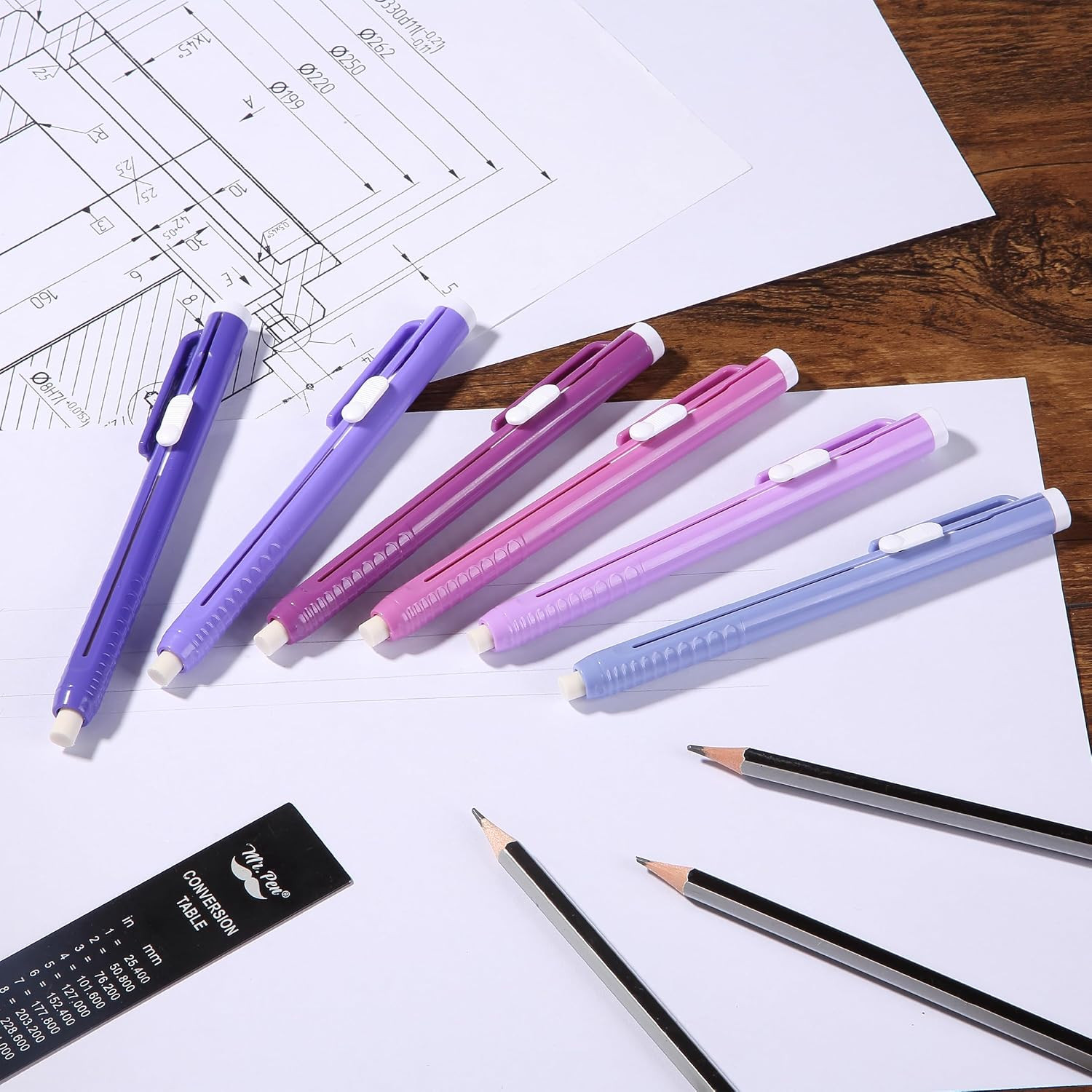 – Retractable Mechanical Eraser Pens, 6 Pack, Twilight Colors | Latex-Free Preci