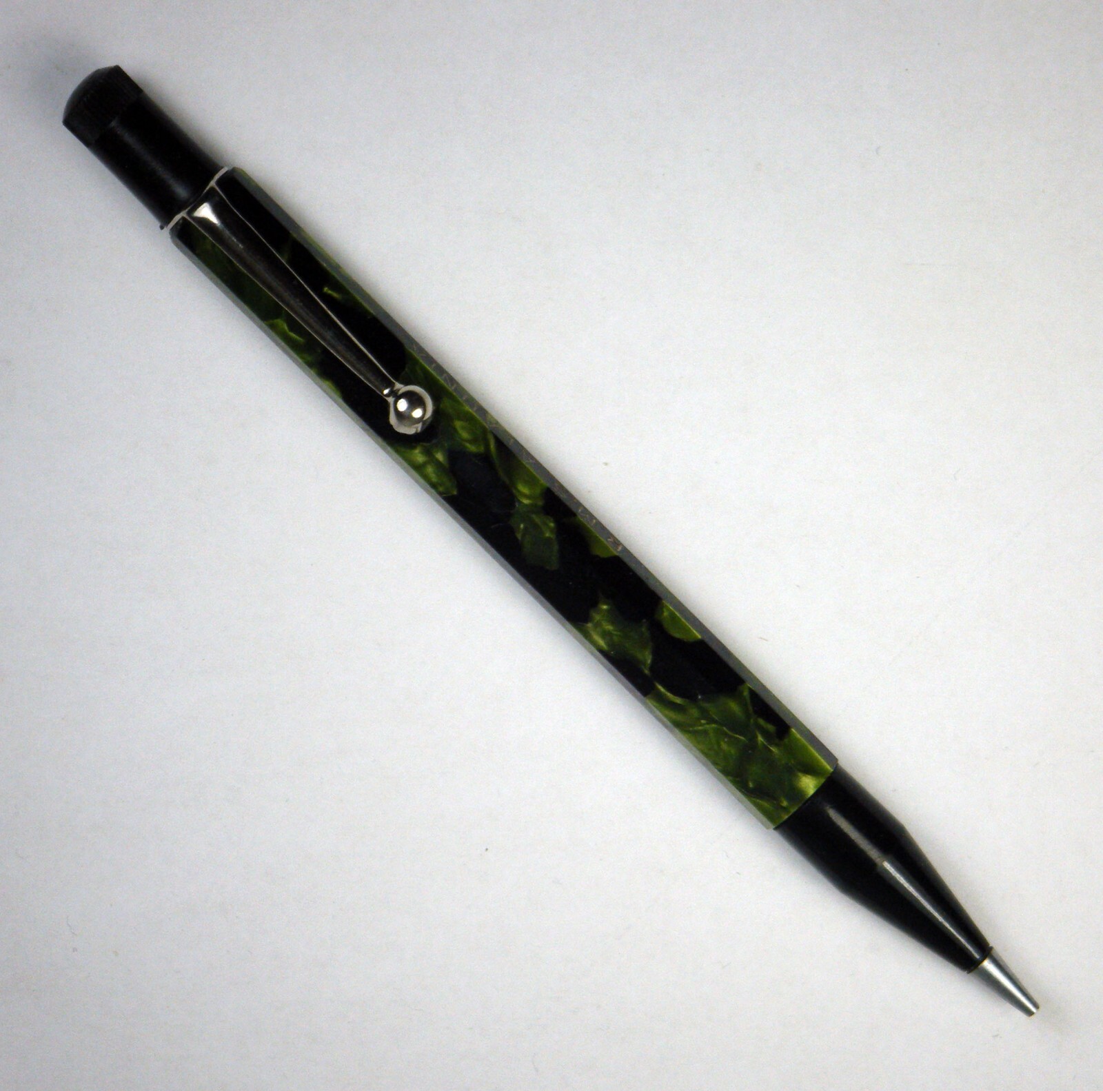 Vintage Mechanical Pencil: Green, Black Plastic, Chrome Imprinted R.M.S. ALAUNIA